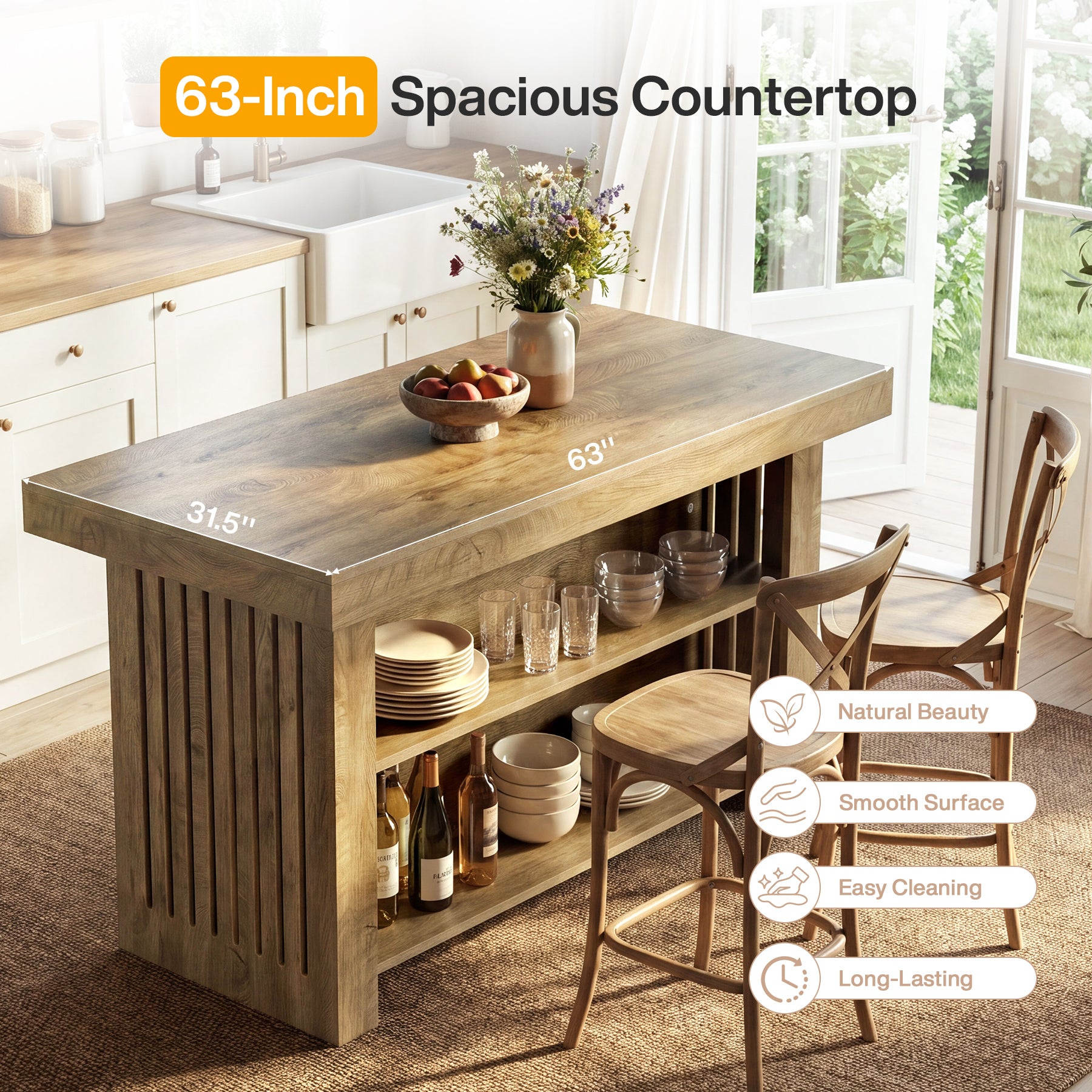 63" Farmhouse Island Table, Large Kitchen Counter with Open Shelves for Dining Room