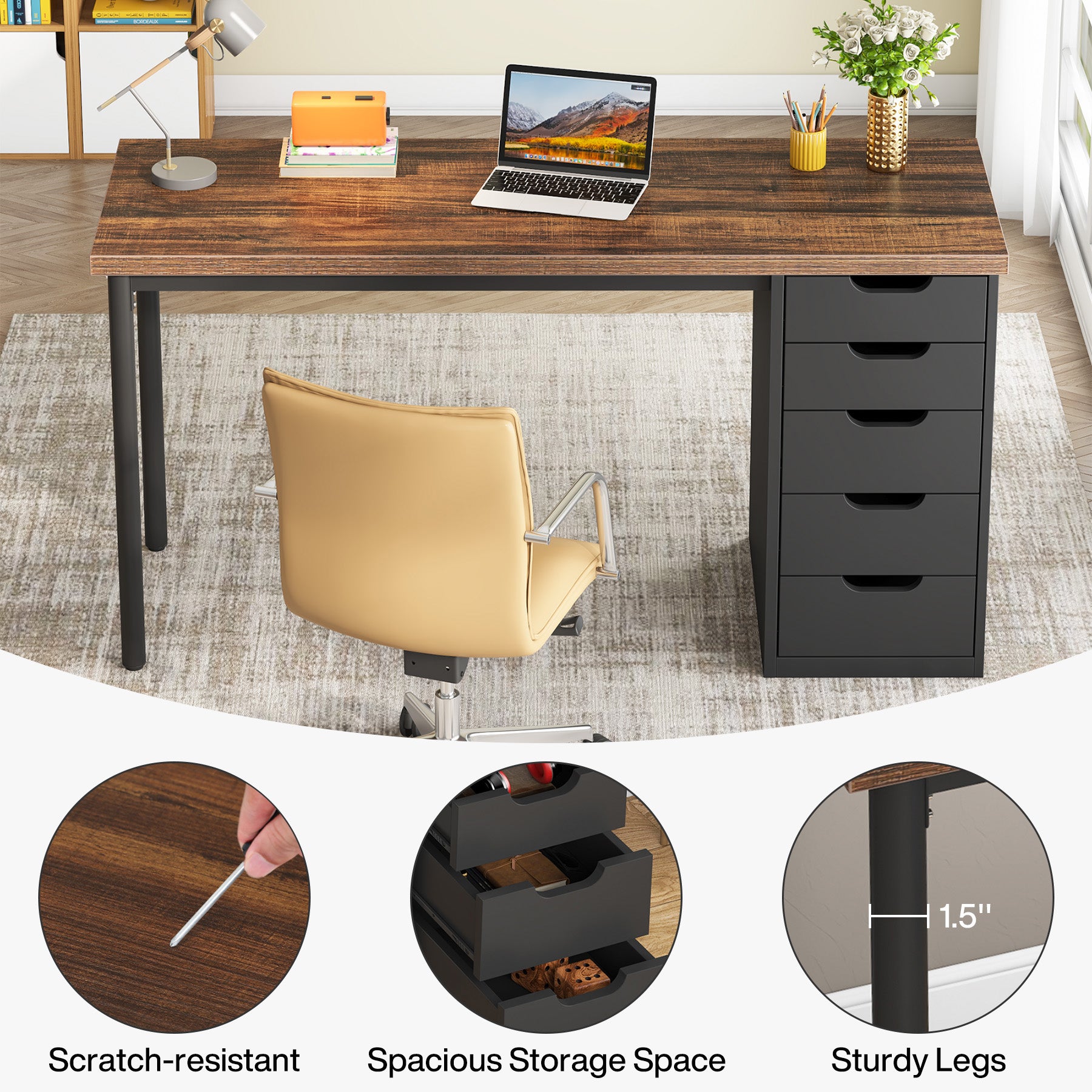 47" Computer Desk with 5 Drawers, Compact Storage Home Office Desk