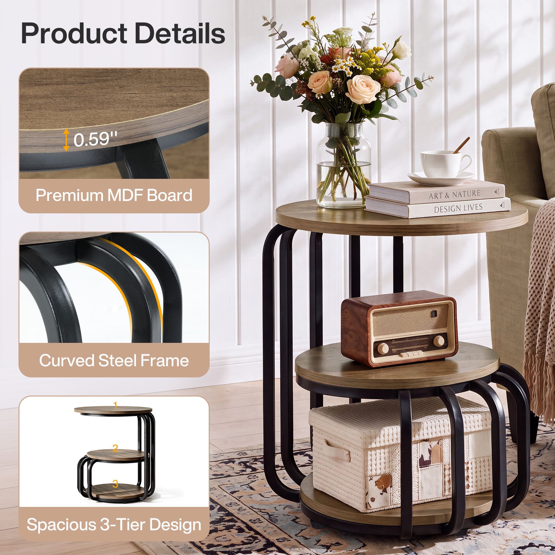 19.69" Round End Table, Industrial Side Table with 3-Tier Storage Shelves & Metal Frame