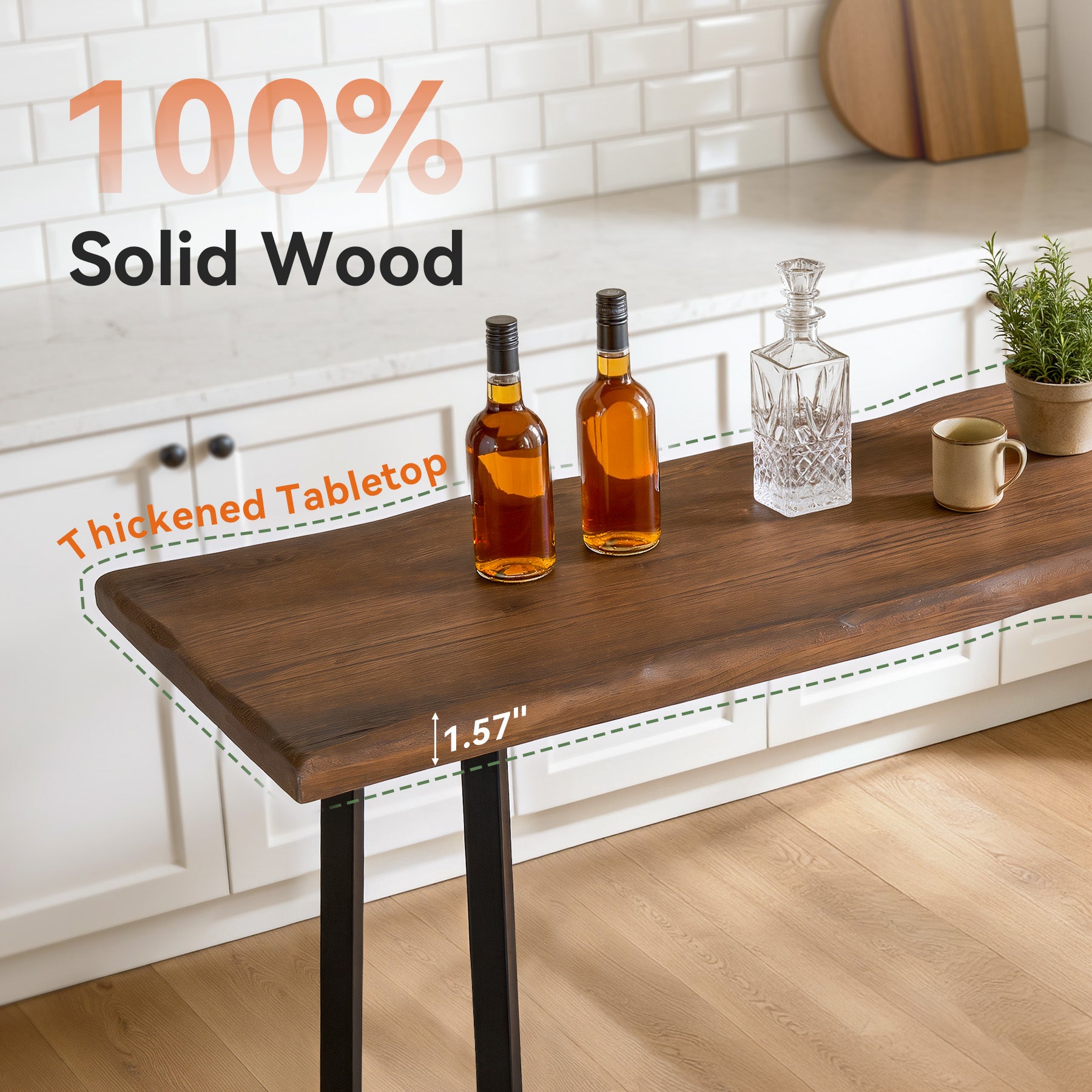 Solid Wood Bar Table, 63" Counter Height Pub Table with Sturdy Metal Frame