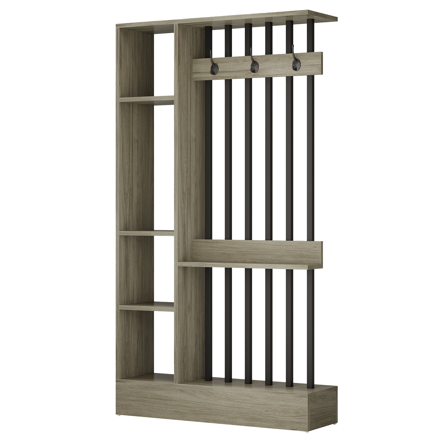71" Wall Room Divider, Wood Freestanding Wall Partition Bookcase with Coat Hooks