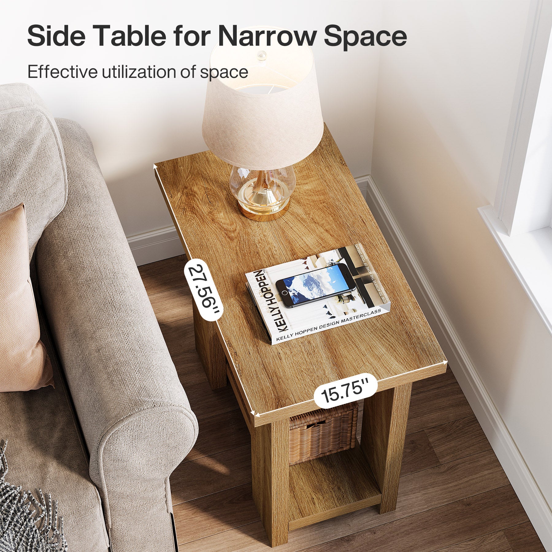 2-Tier End Table, Farmhouse Side Table with Storage Shelves for Small Space