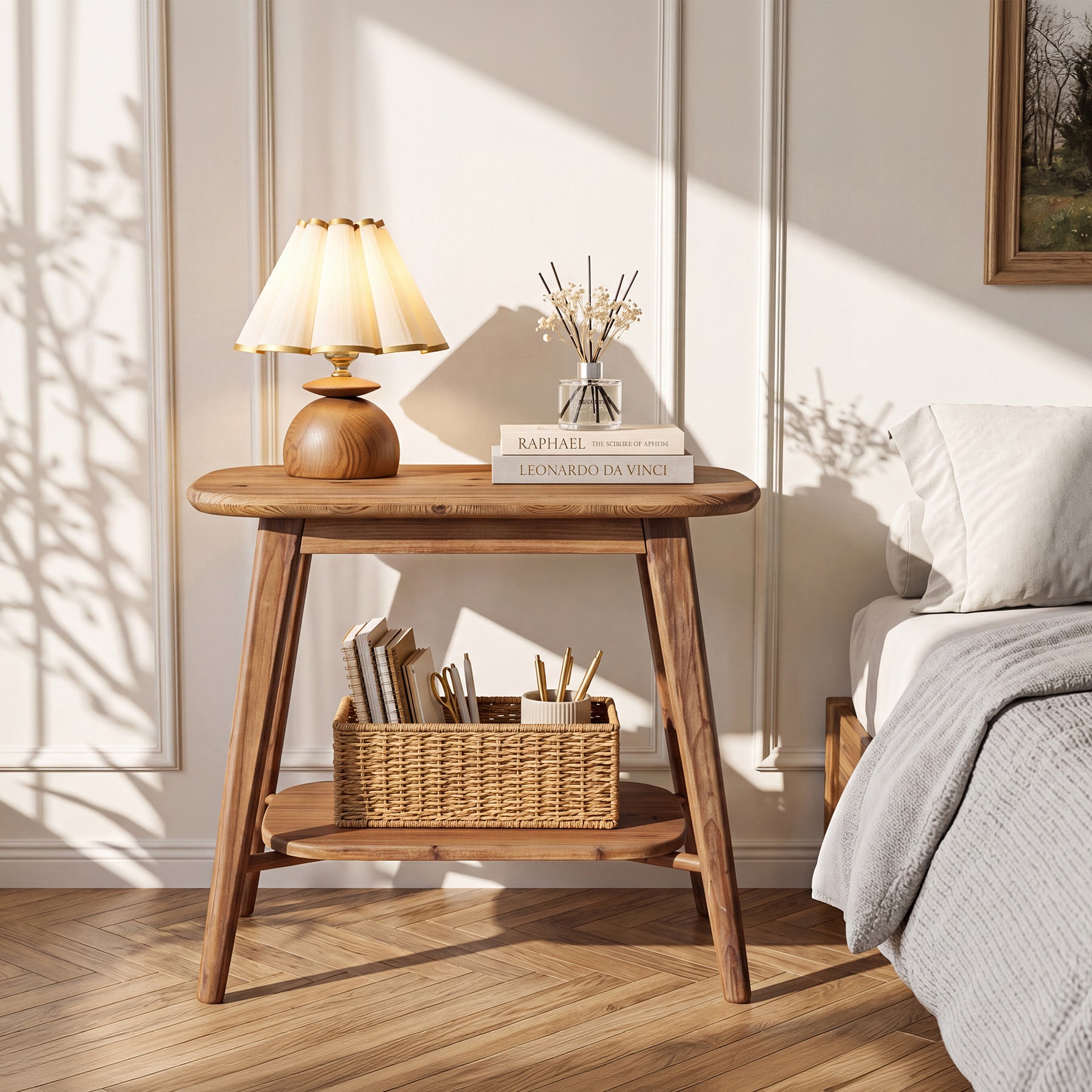 2-Tier Solid Wood End Table, Farmhouse Side Table with Rounded Corners for Small Spaces