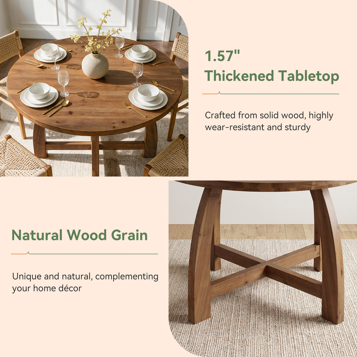 47" Solid Wood Dining Table for 4-6, Round Kitchen Table with Cross Base for Dining Room