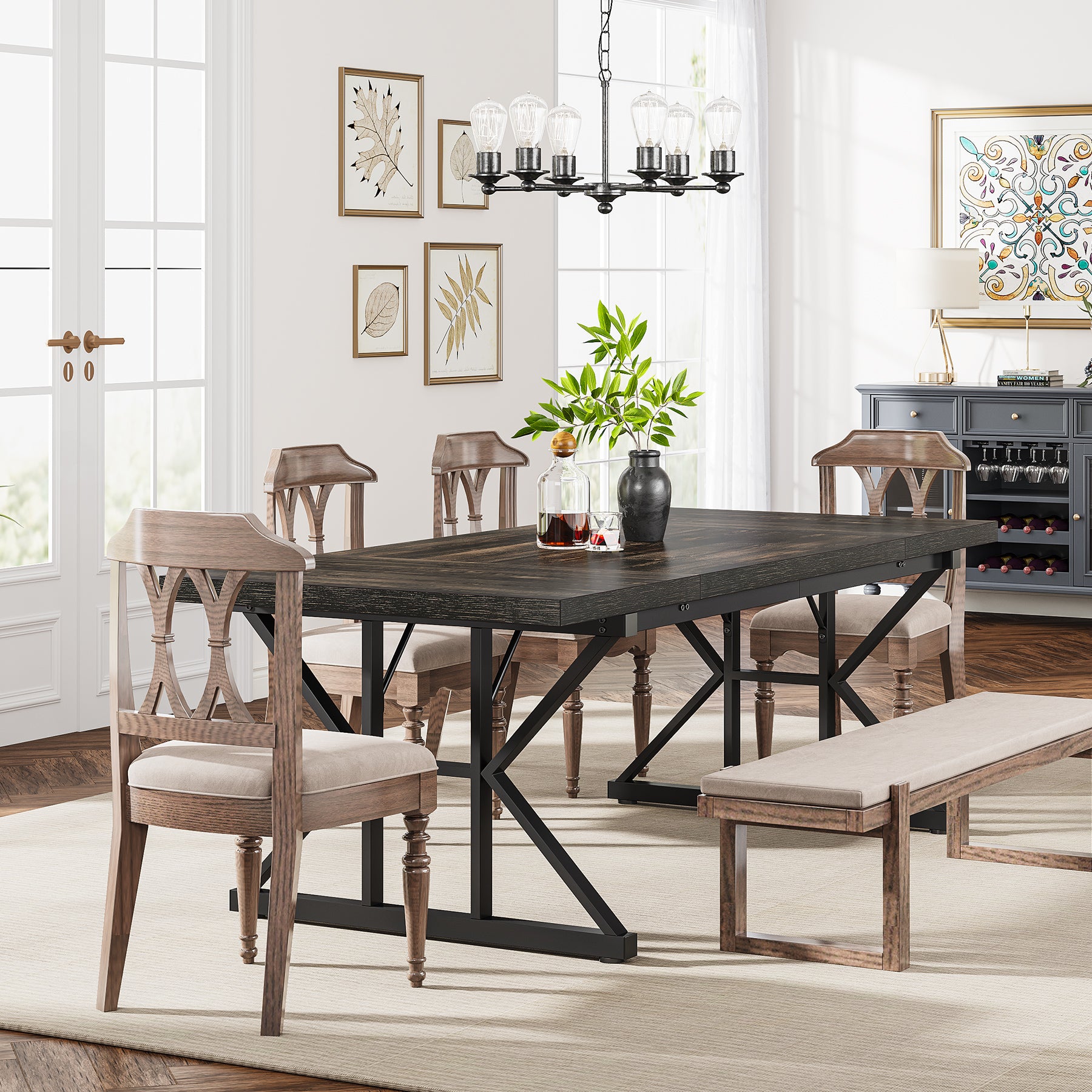 70.8" Farmhouse Dining Table for 6, Rectangular Wood Kitchen Table with Metal Legs