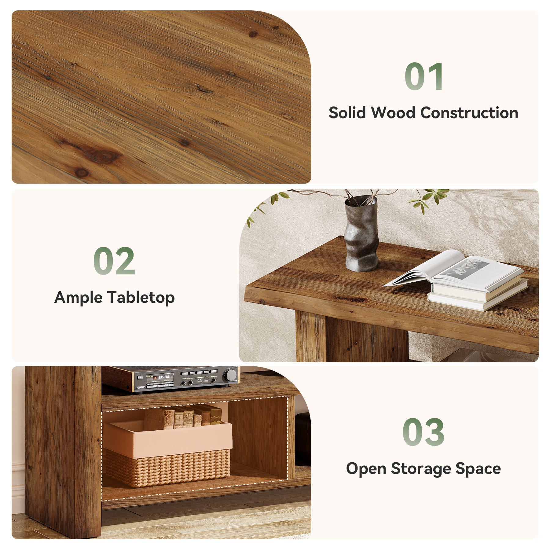 63" Solid Wood TV Stand for Up to 75 Inch TVs, Farmhouse Media Console with Open Storage Shelves
