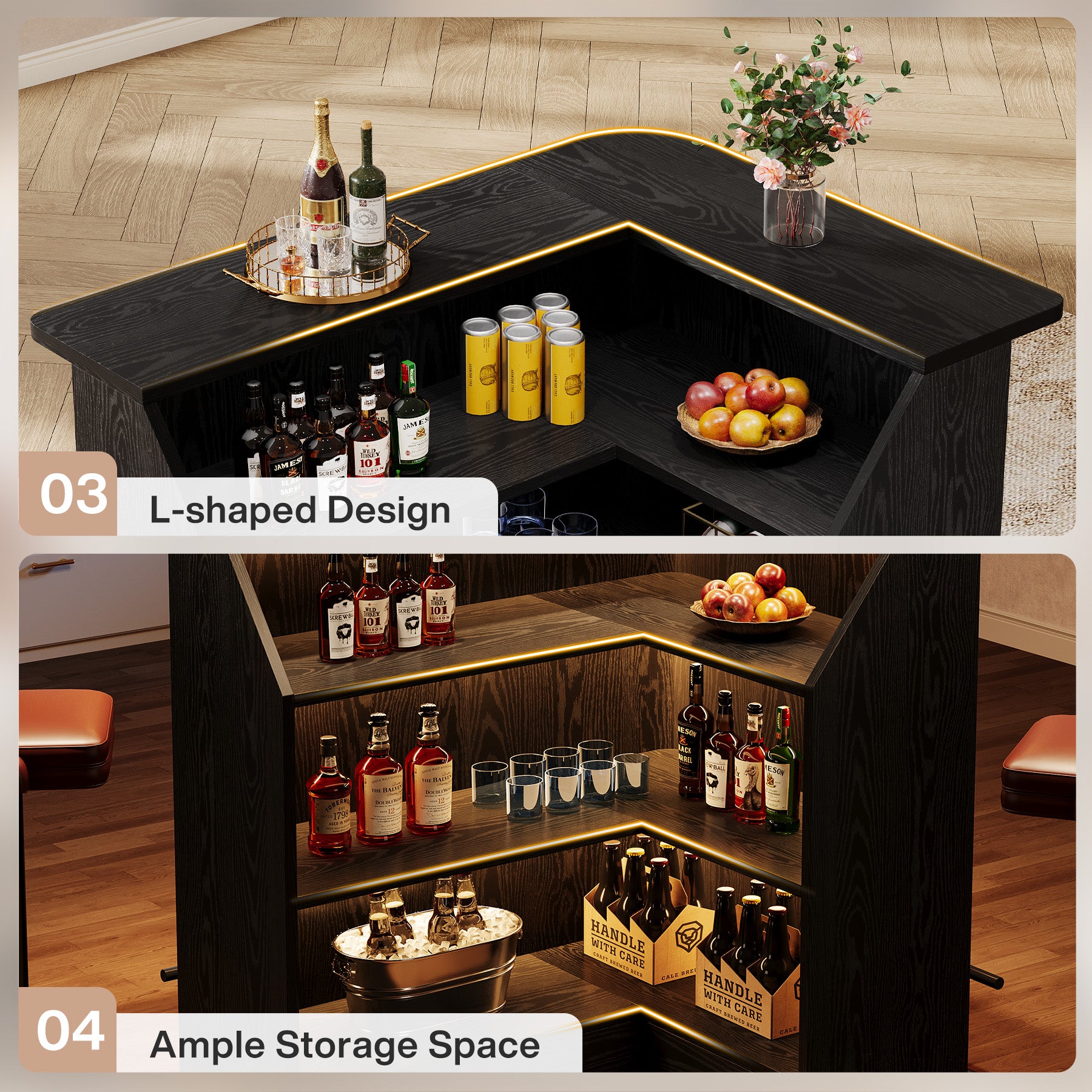 L-Shaped Home Bar Unit, 4-Tier Fluted Bar Table with Storage Shelves