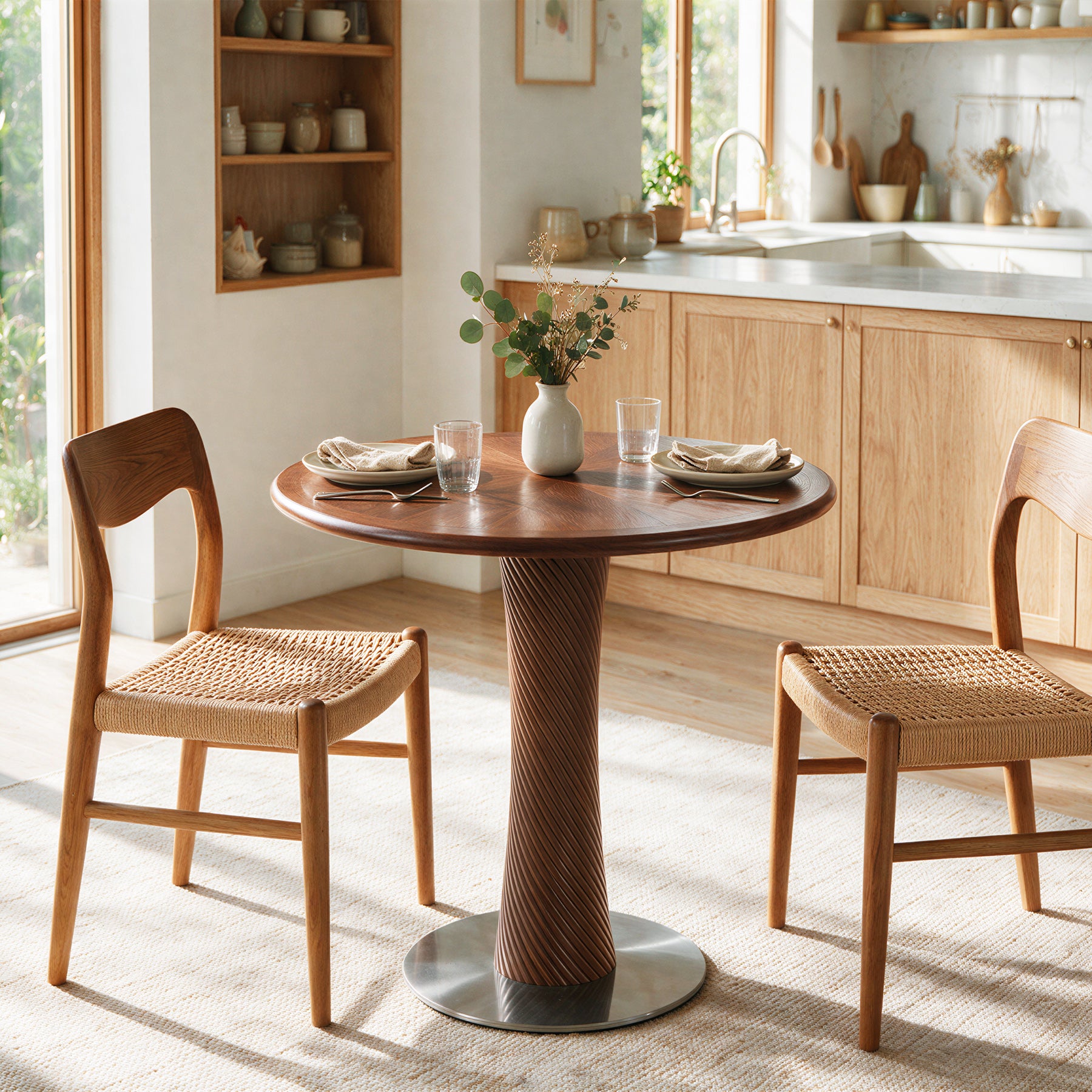 31.5” Round Dining Table, Solid Wood Kitchen Table with Hourglass Pedestal for 2