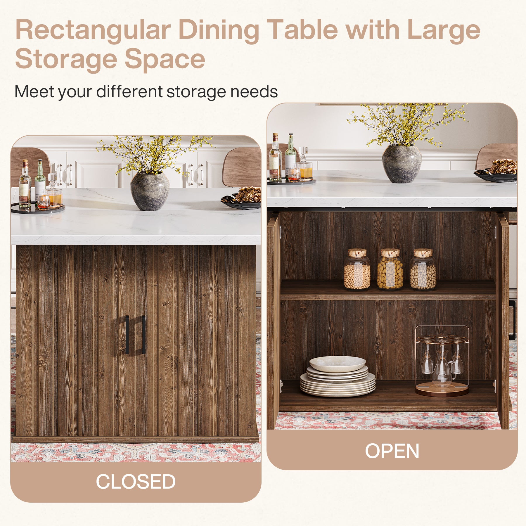 63" Dinning Table for 4-6, Rectangular Kitchen Table with Storage Cabinet