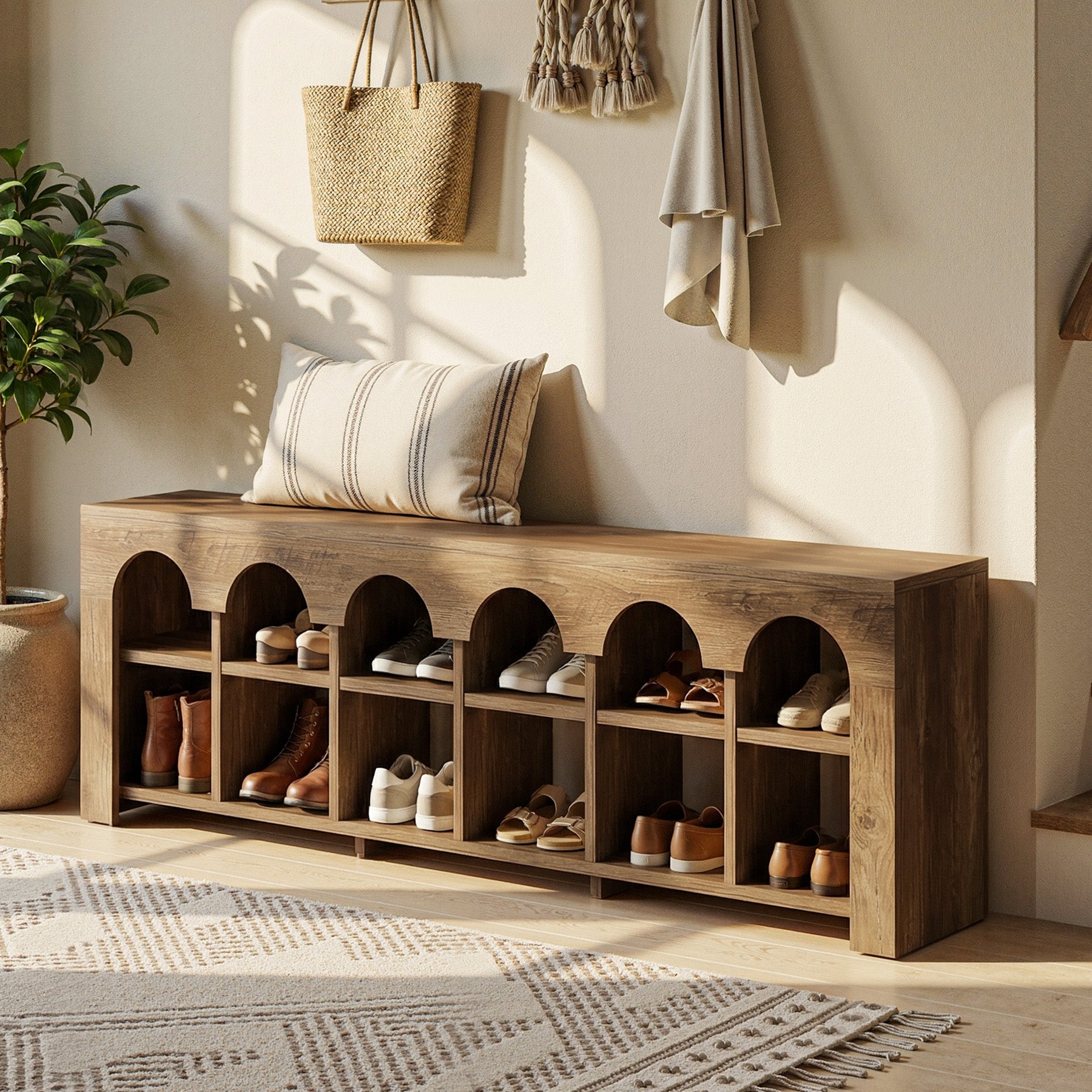63" Entryway Bench, 2-Tier Narrow Shoe Storage Bench with Arched Cubbies