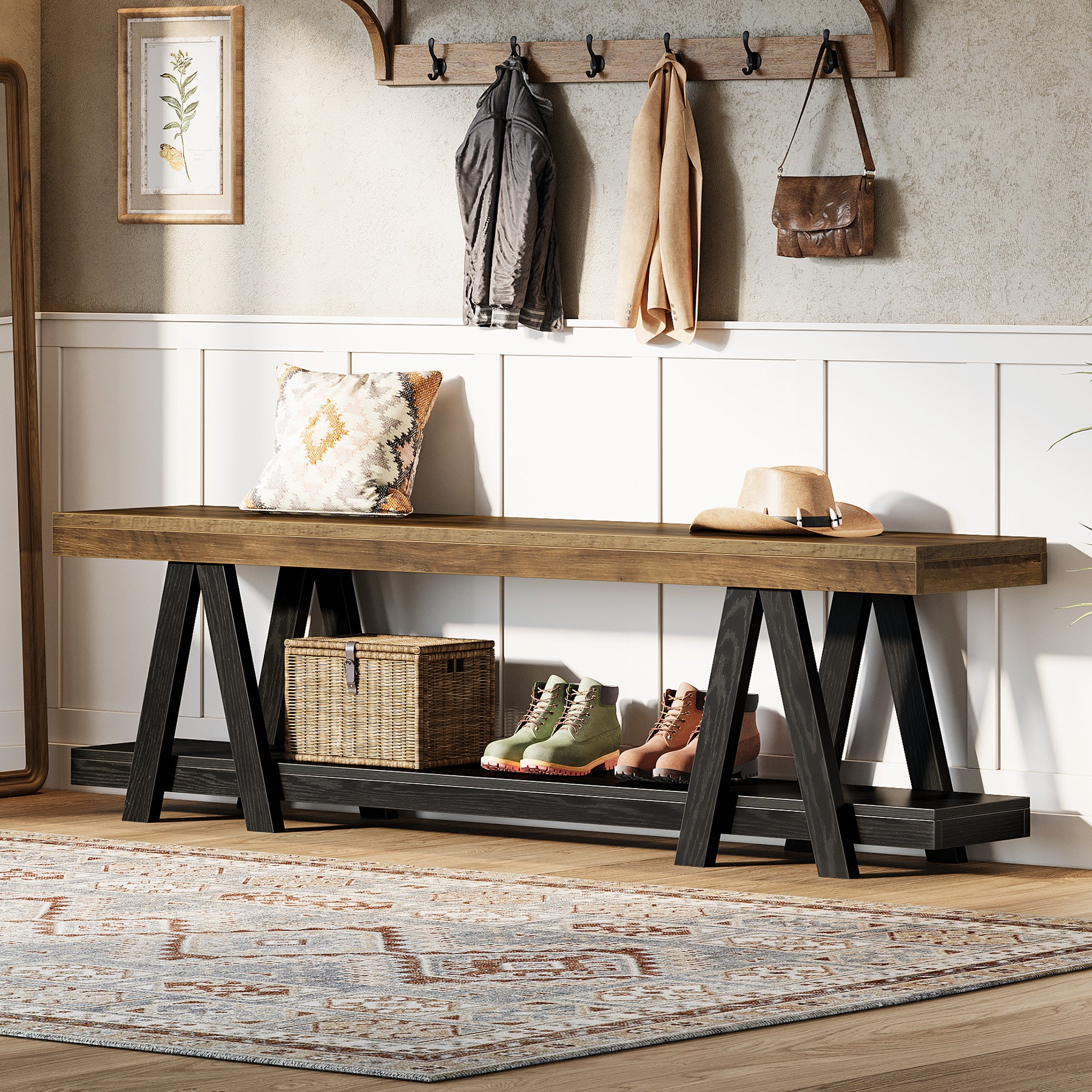 59.05" Entryway Bench with Shoe Storage, 2-Tier End of Bed Bench with Shelves
