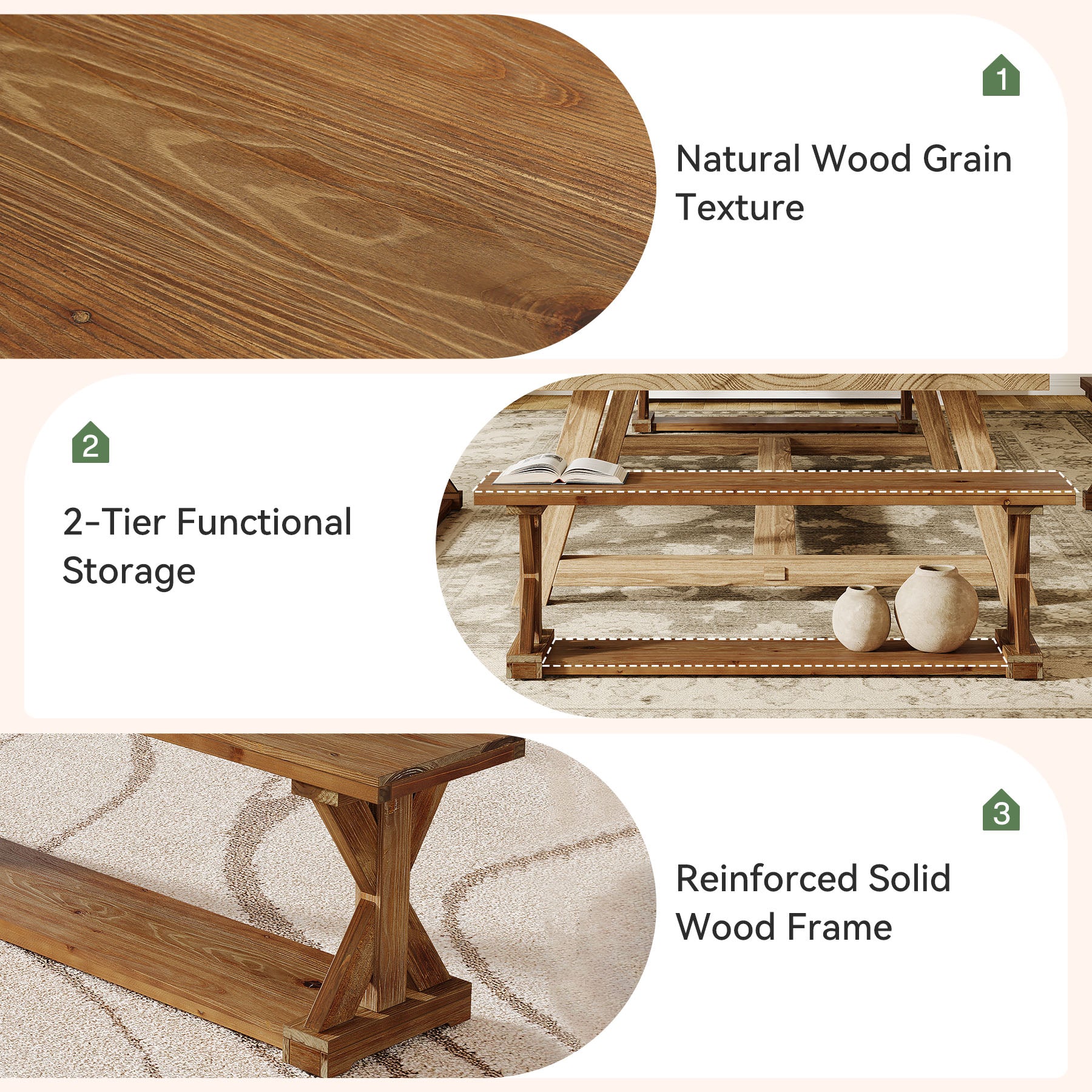 59" Solid Wood Dining Bench, 2-Tier Wooden Storage Bench for Dining Room