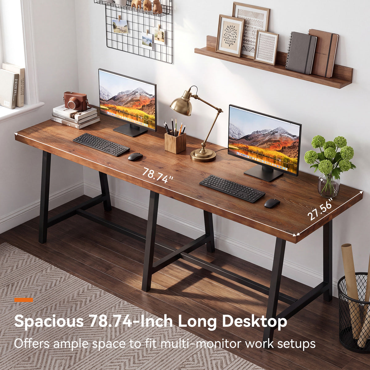 78.74" Solid Wood Two-Person Desk, Industrial Computer Executive Desk with Metal Legs
