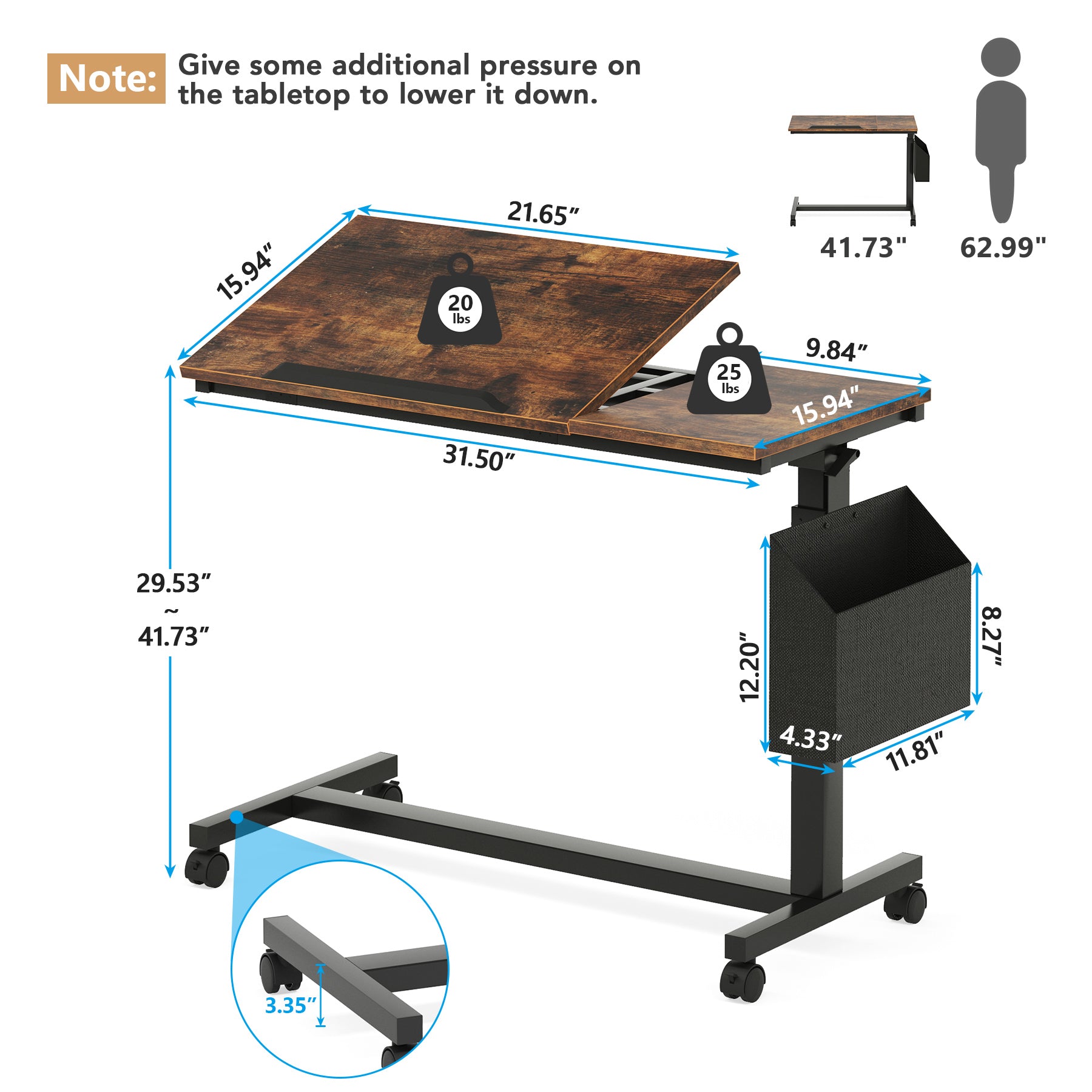 Mobile C Table, Height Adjustable End Table Sofa Snack Table