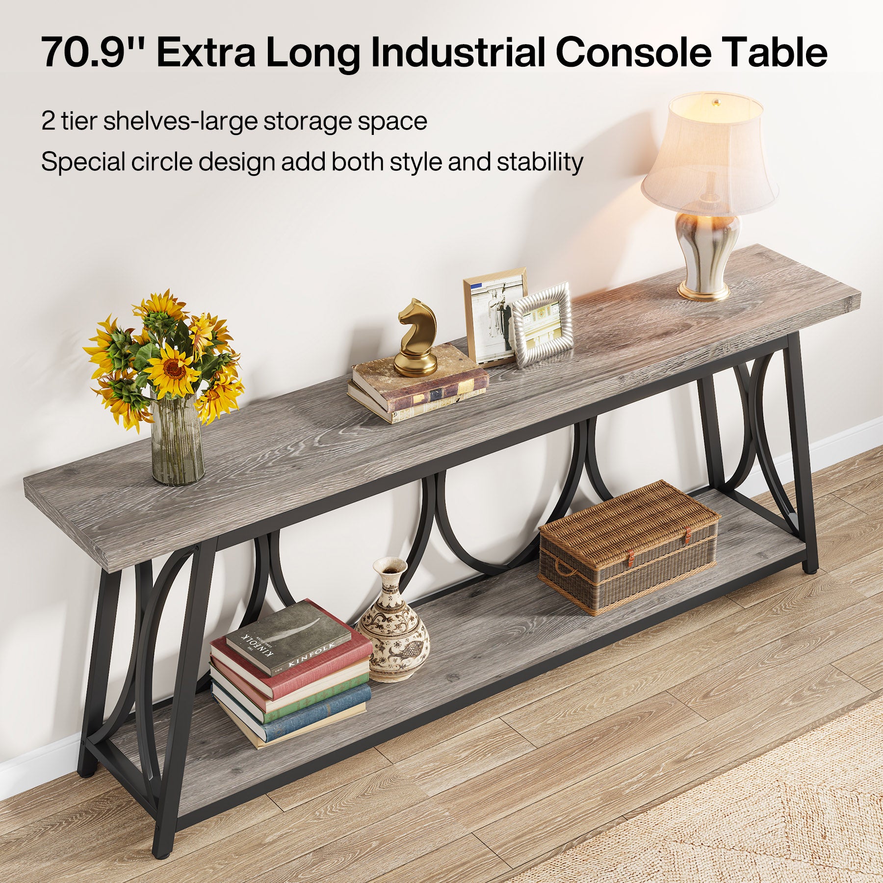 70.9" 2-Tier Industrial Console Table, Sofa Table with Shelves for Living Room or Entryway