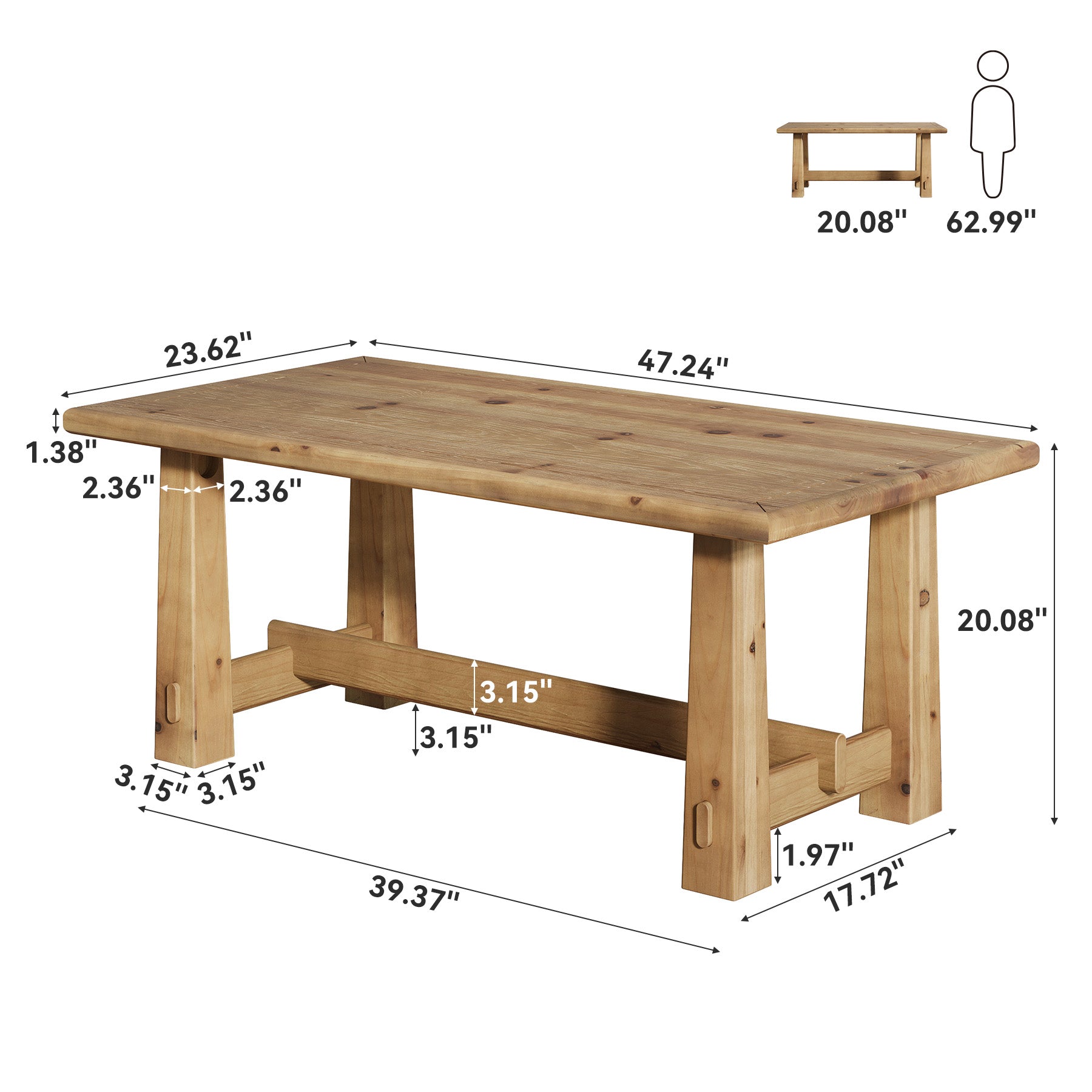 47" Solid Wood Coffee Table, Rectangular Center Table with H-Shaped Base