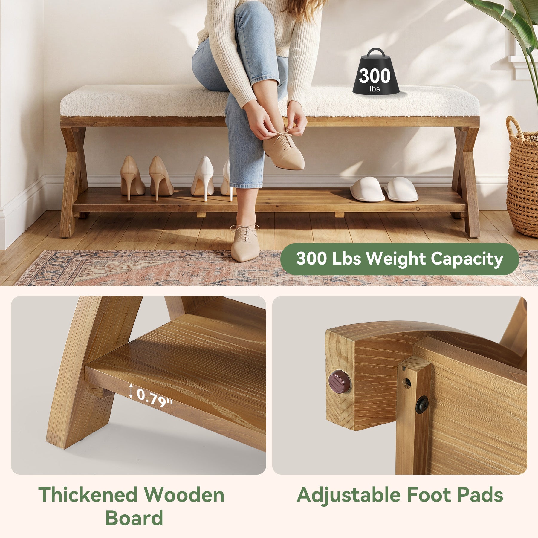 Solid Wood Upholstered Shoe Bench, Entryway Bench with Padded Seat and Storage Shelf