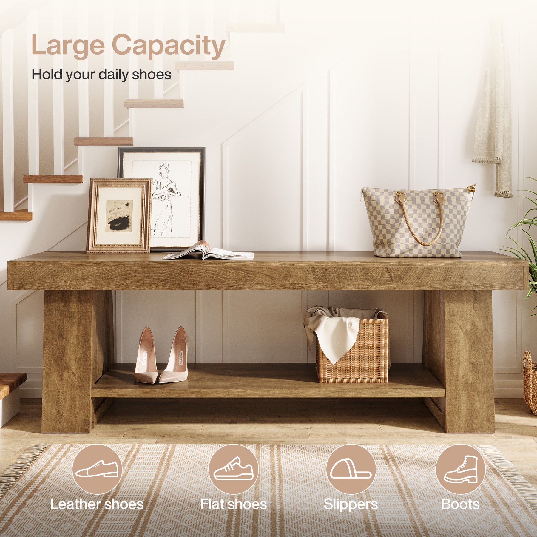 63" Entryway Bench with Storage Shelf, 2-Tier Hallway Shoe Bench