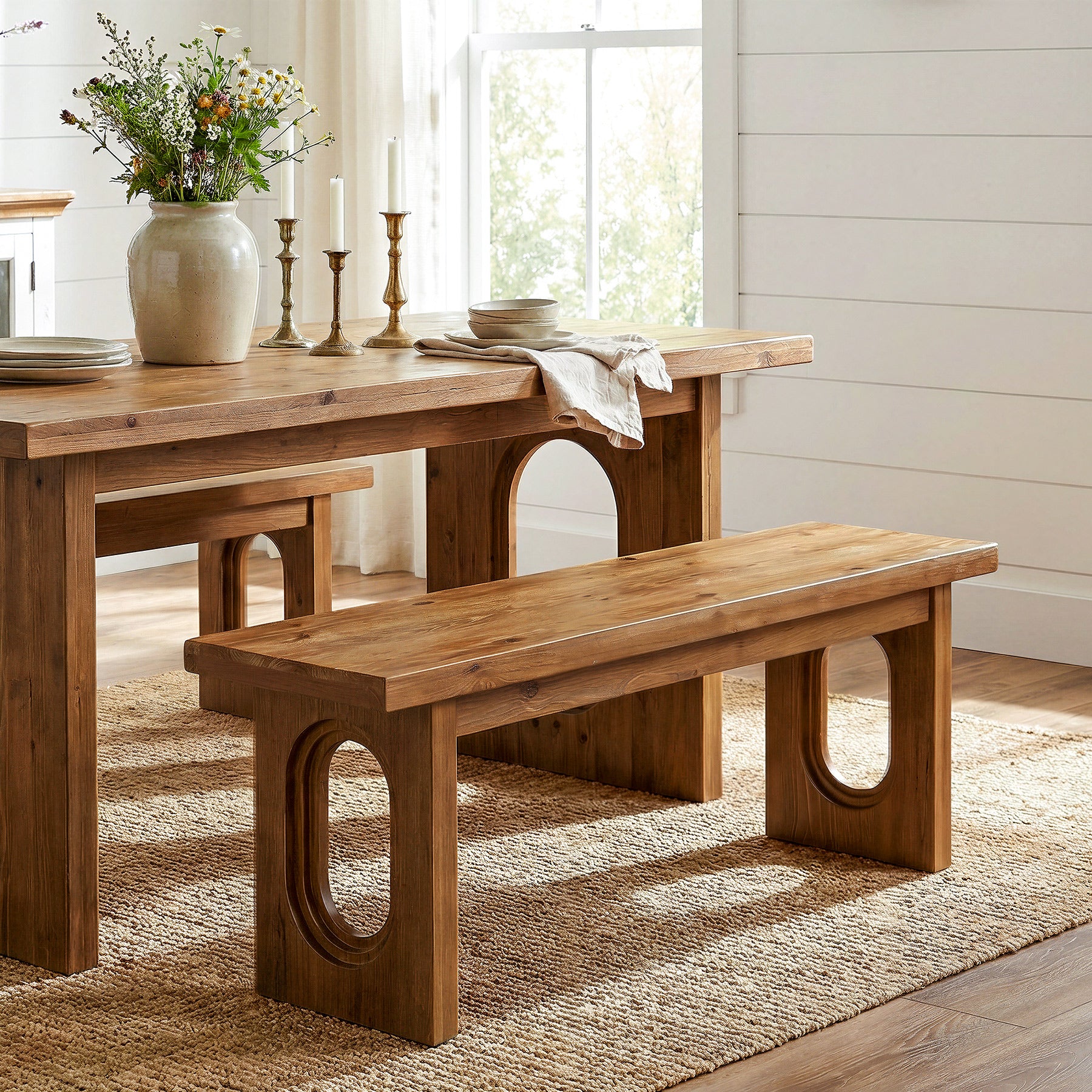43.3" Solid Wood Dining Bench, Farmhouse Dining Room Bench with Hollowed Legs