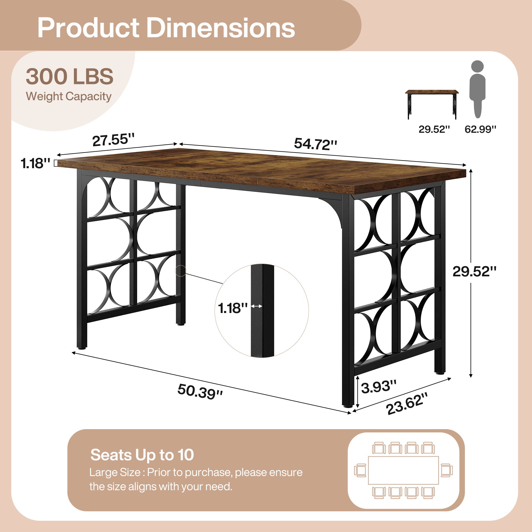 Industrial Computer Desk, 55" Rectangle Executive Desk with Metal Legs