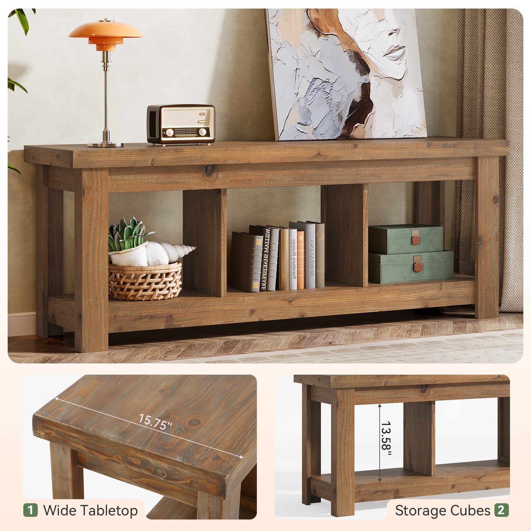 Solid Wood Console Table, 63" Sofa Entryway Table With 3 Open Shelves