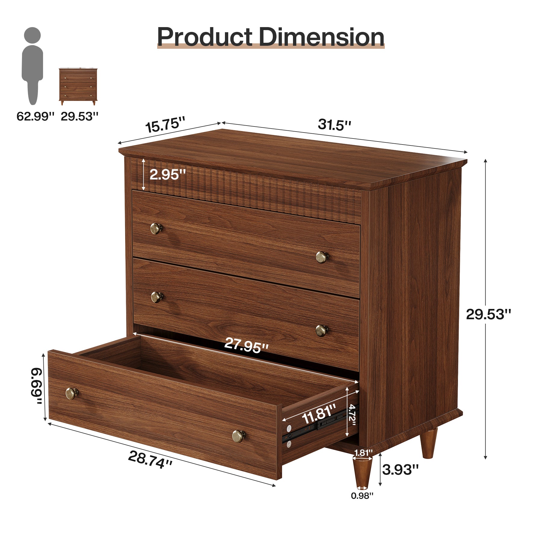 Nightstand with 3 Drawers, 31.5" Oversized Bedside Table with Mental Handles