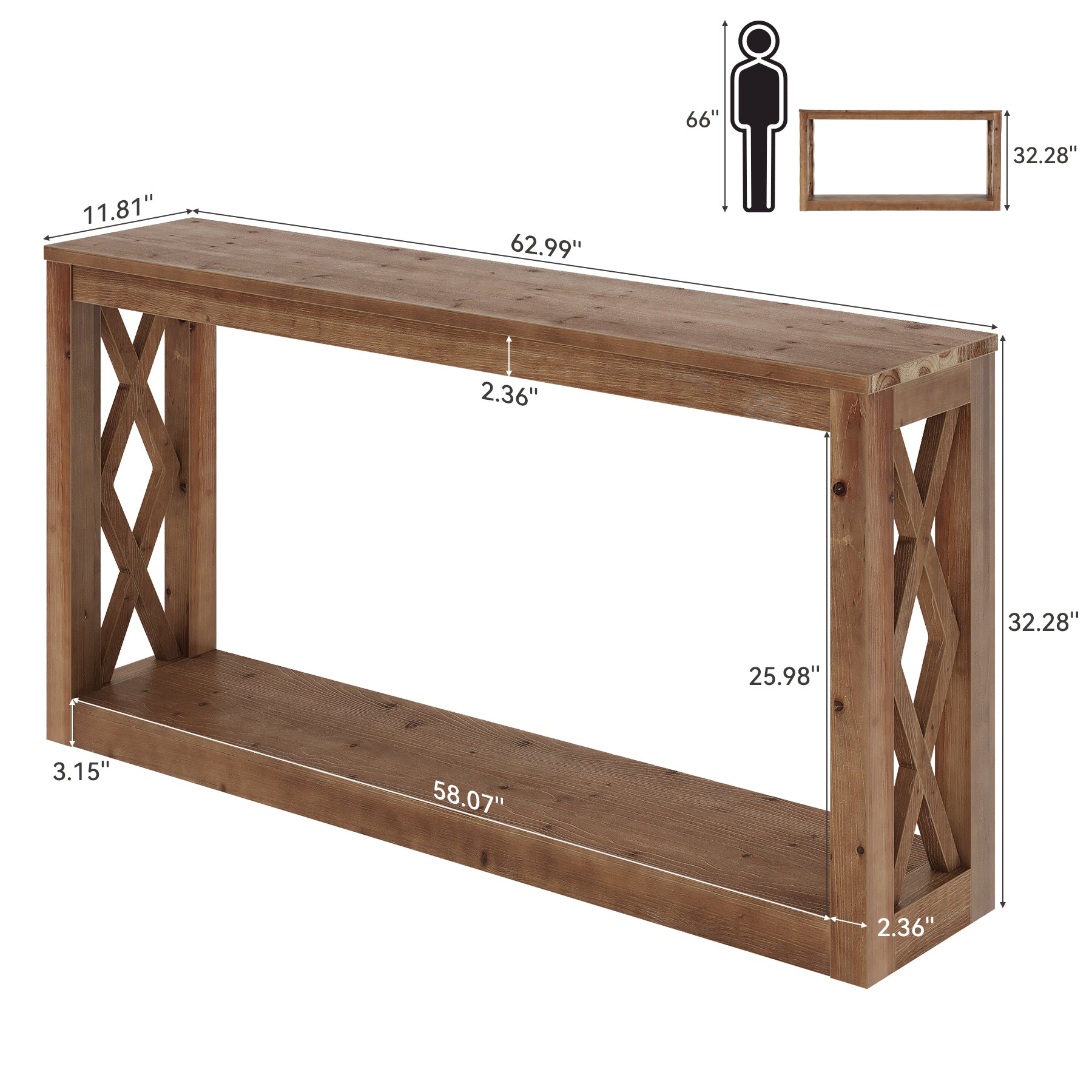 63" Solid Wood Console Table, 2-Tier Open Storage Entryway Table with X-Shaped Sides