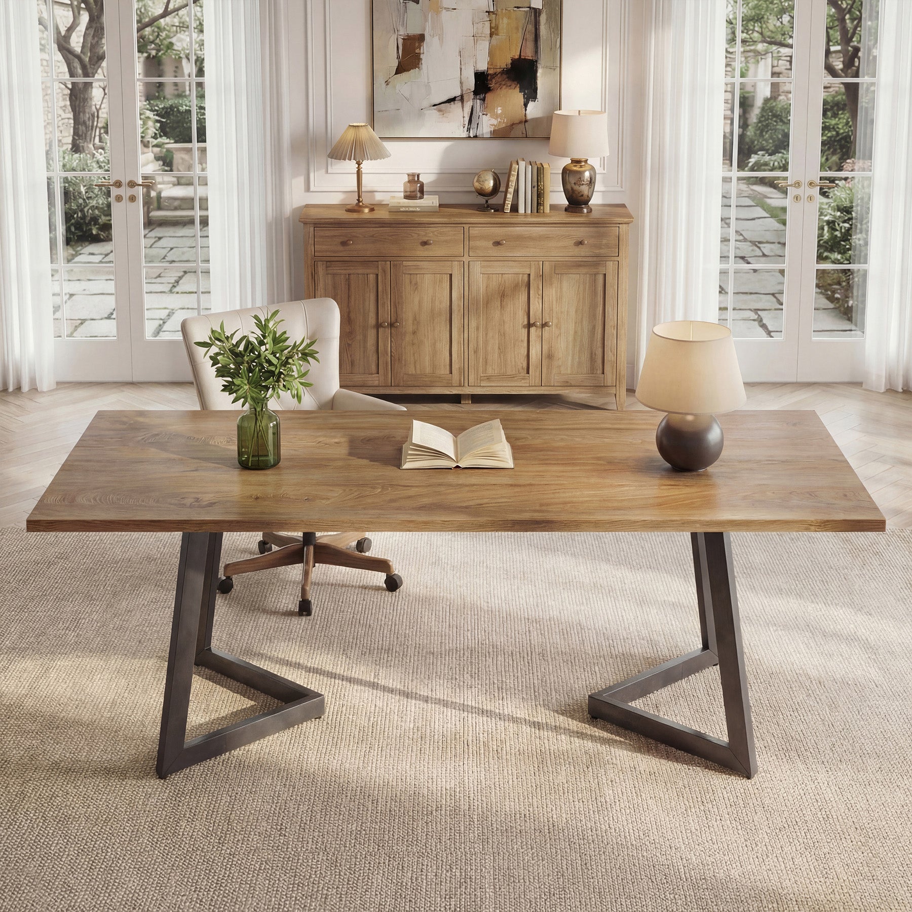 62" Industrial Office Desk, Modern Executive Computer Desk with Sturdy V-Shaped Metal Legs for Home Office
