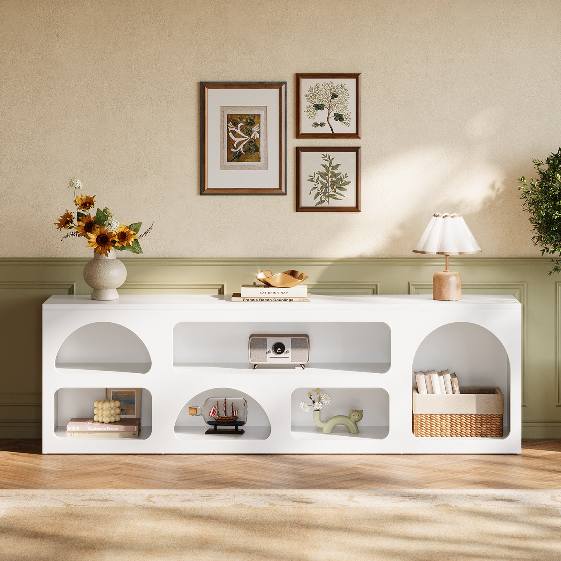63" TV Stand for 60 to 70 Inch TVs, Modern White Media Console with 6 Open Shelves