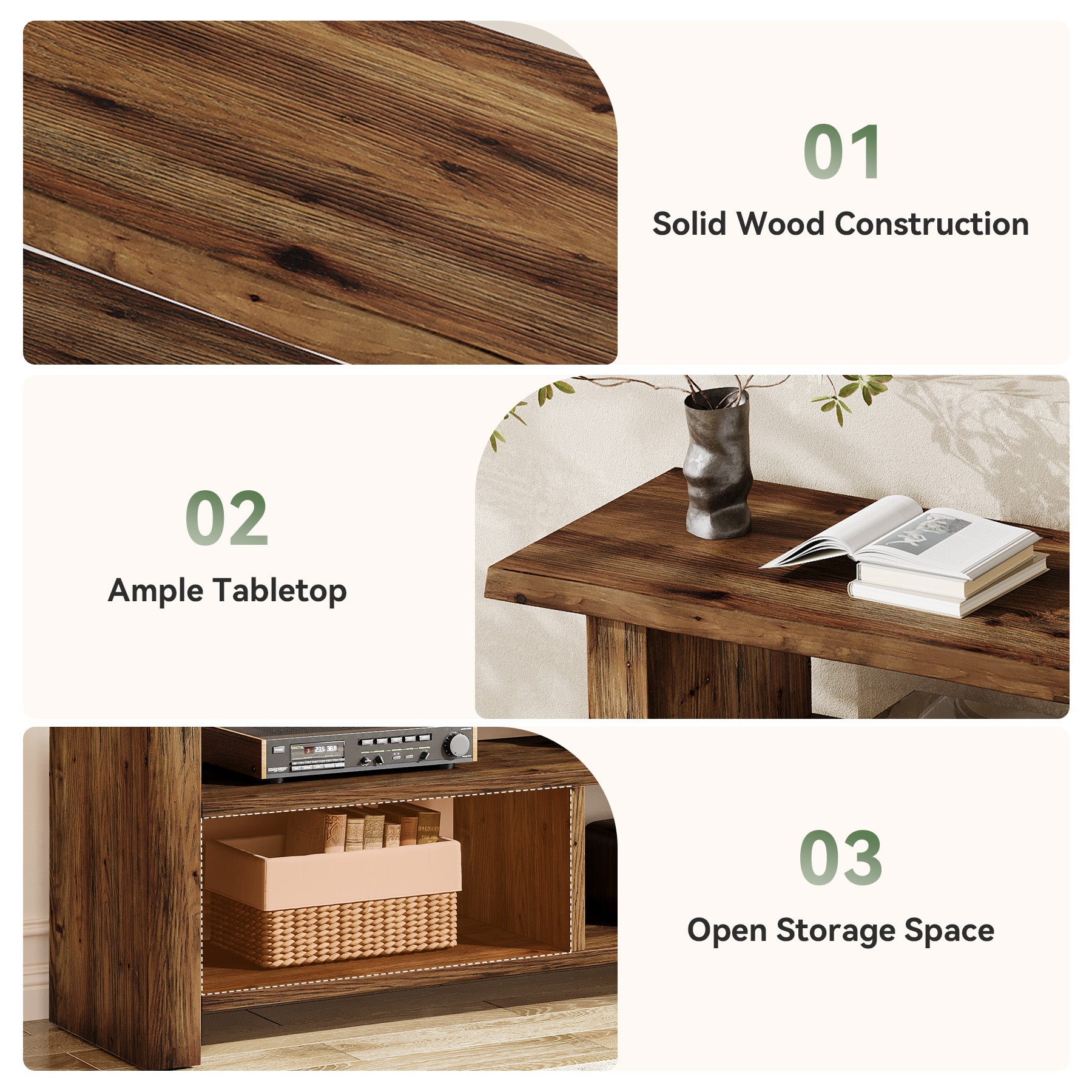 63" Solid Wood TV Stand for Up to 75 Inch TVs, Farmhouse Media Console with Open Storage Shelves