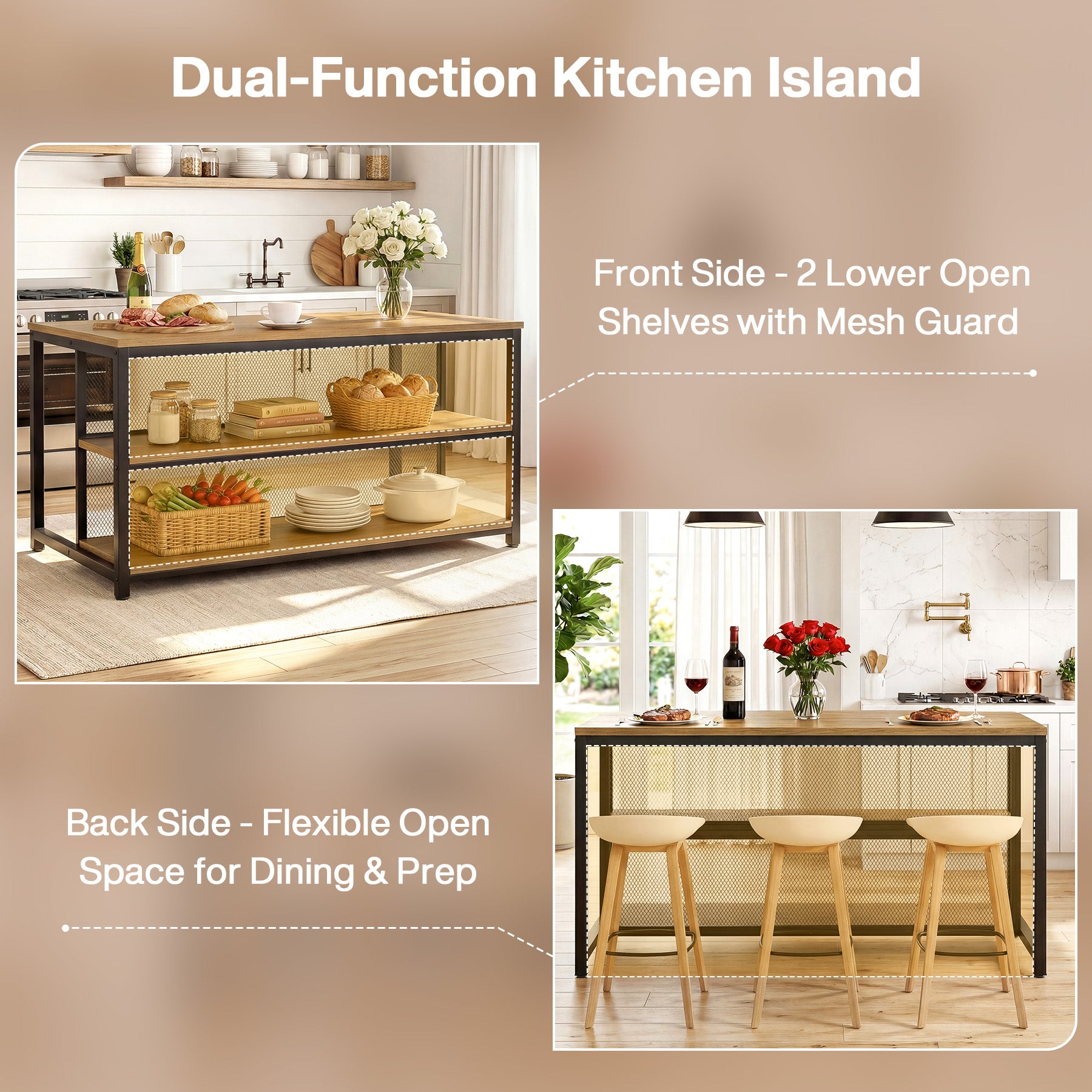 63" Industrial Kitchen Island, Stationary Island Coffee Bar Table With Storage Shelves
