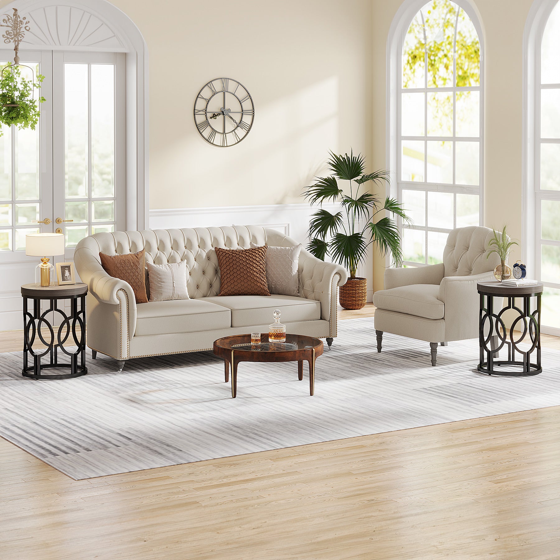 Small Round End Table, Industrial Metal Frame Side Table for Living Room & Bedroom