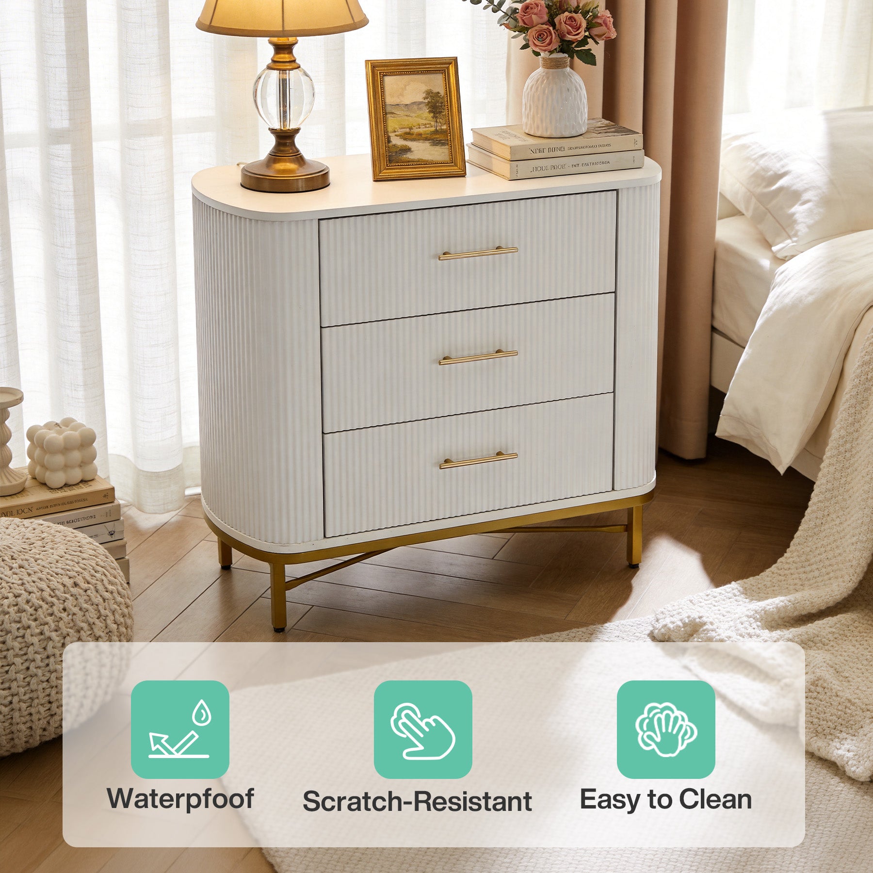 31.5” W Nightstand with 3 Drawers, Modern Bedside Table for Bedroom