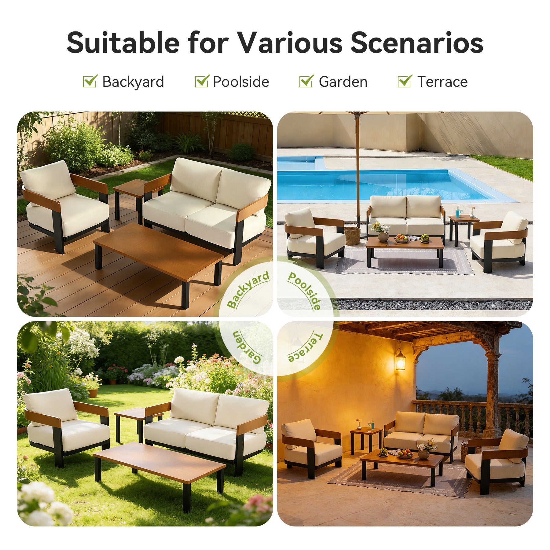5-Piece Outdoor Conversation Set, 4 Seats Patio Sectional with Coffee Table & Side Table