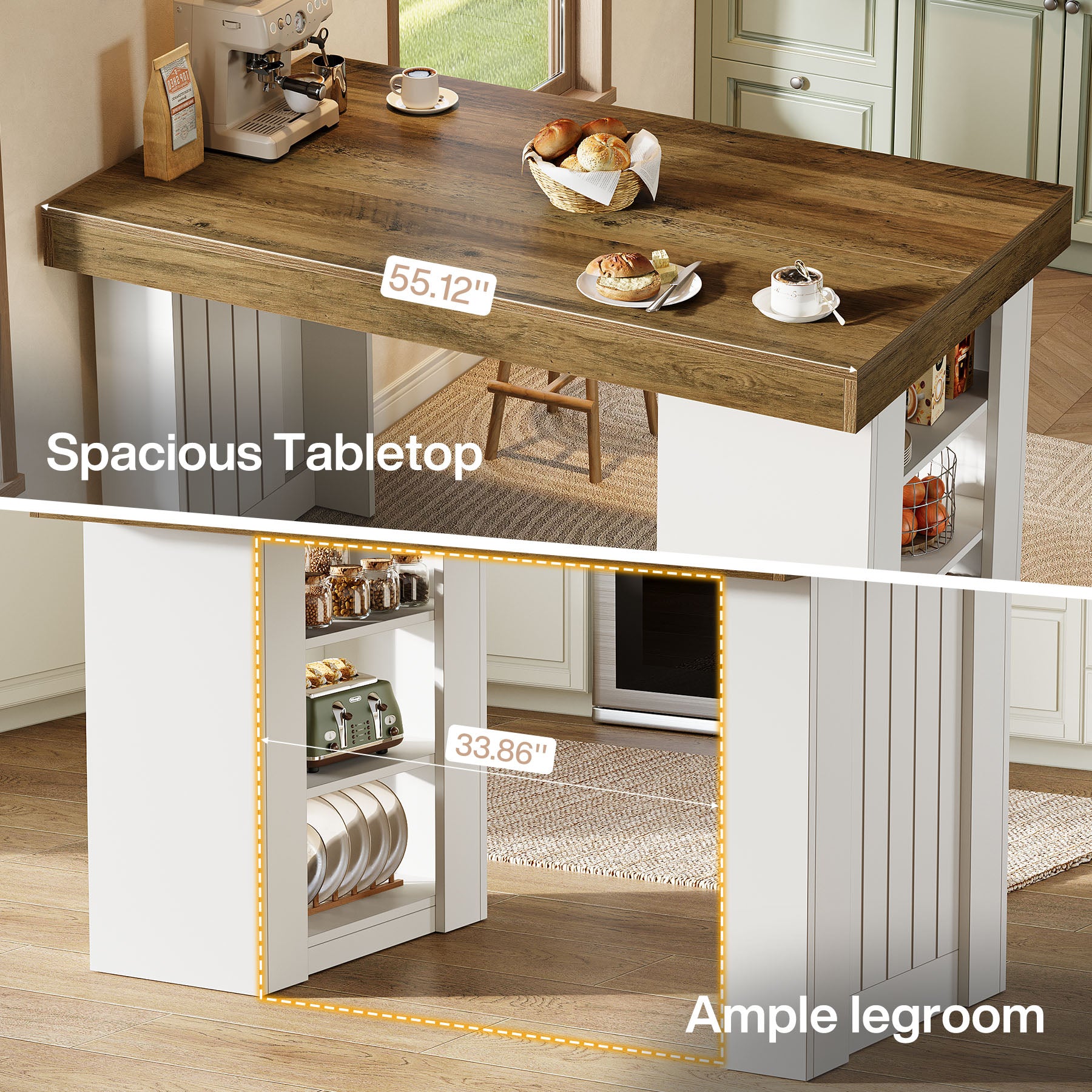 55" Kitchen Island with Storage, Farmhouse Stationary Island Table for Kitchen