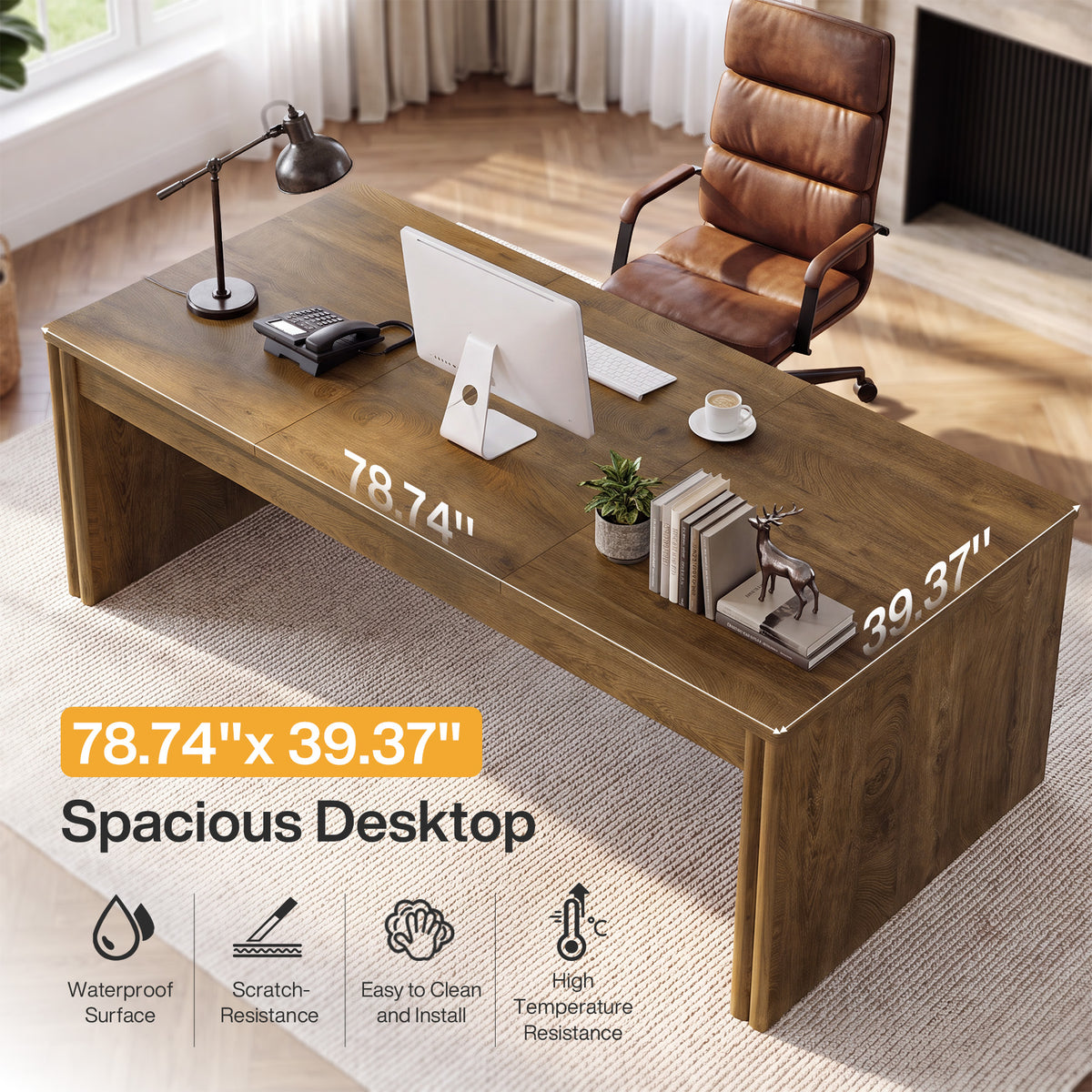 79" Executive Desk, Farmhouse Computer Desk with Wide Tabletop for Home Office