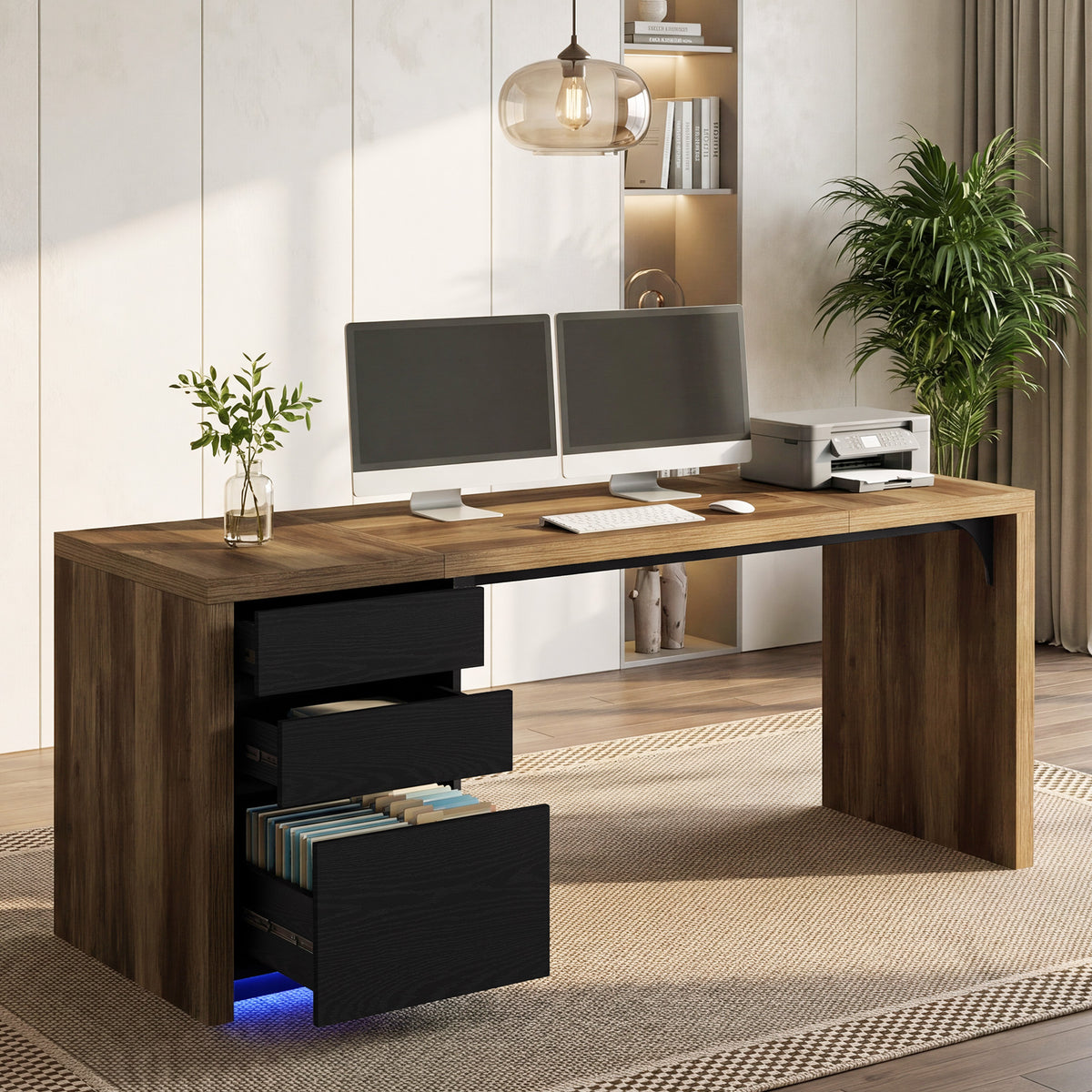 79" Modern Executive Desk with 3 Drawers & RGB Lights, Double Computer Desk