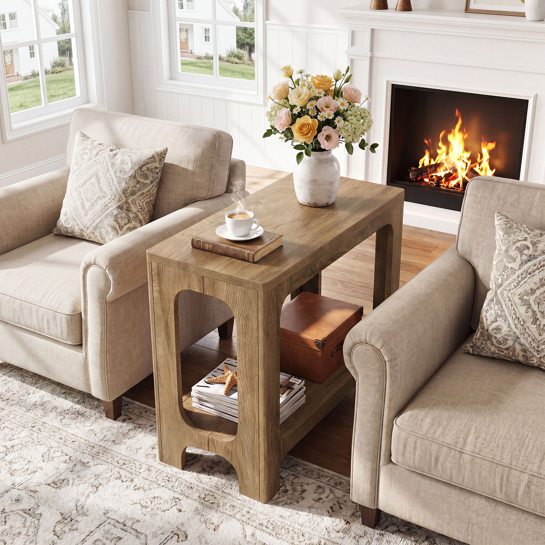 2-Tier Side Table, Narrow Wooden Rectangle End Table for Small Spaces