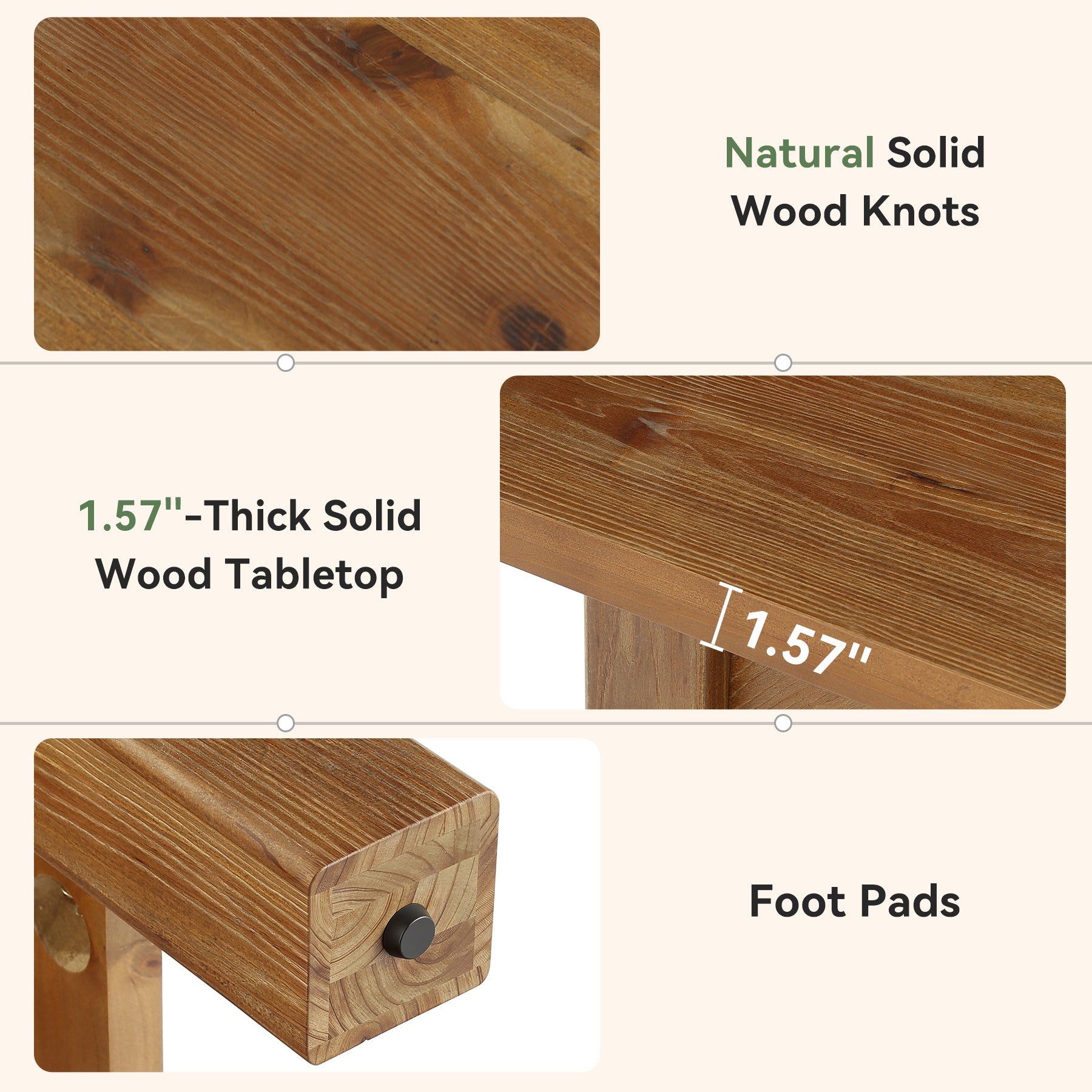 Solid Wood Dining Table, 63" Rectangular Kitchen Table with Foot Bar