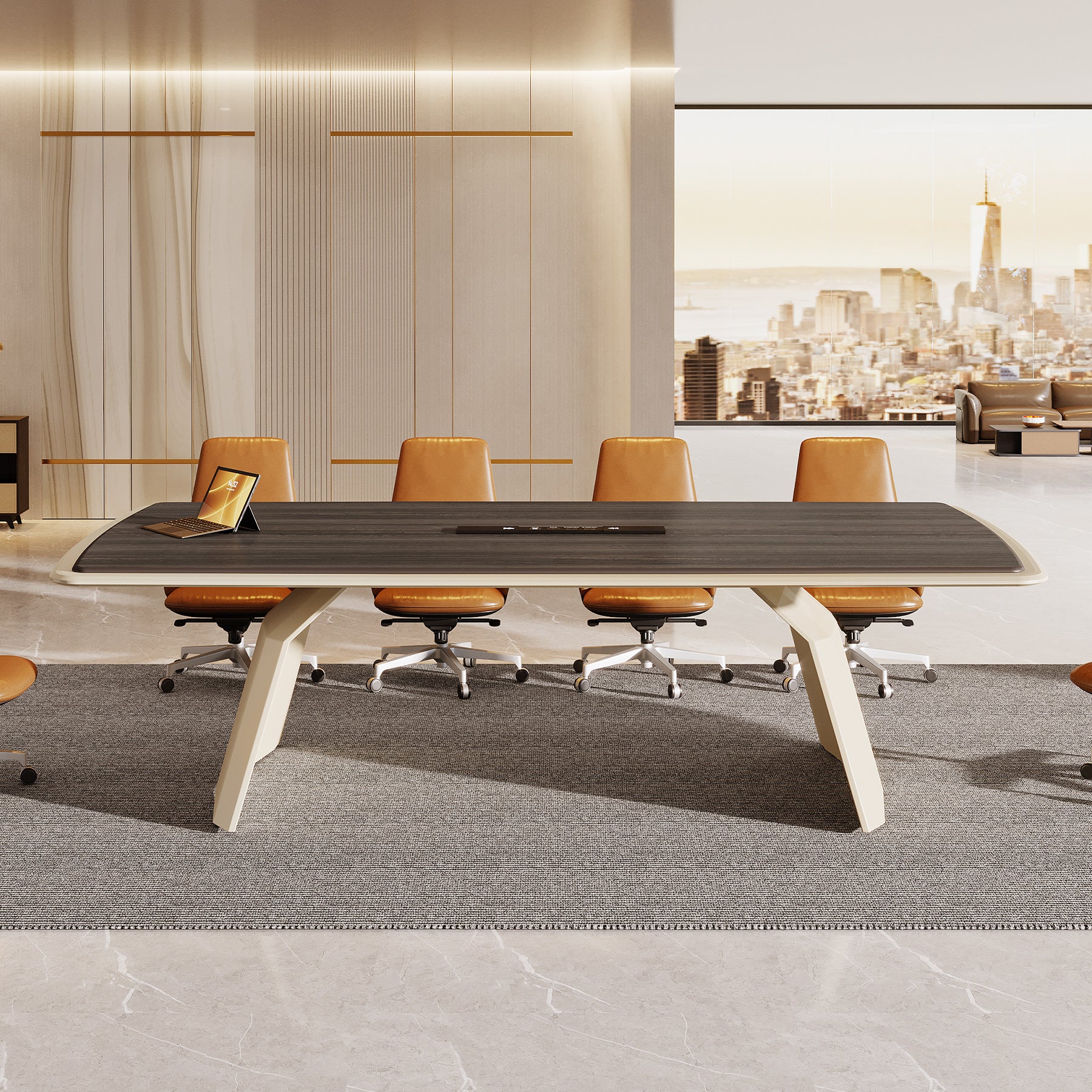 94.4" Luxury Executive Desk With Stainless Steel Base & Power Strip