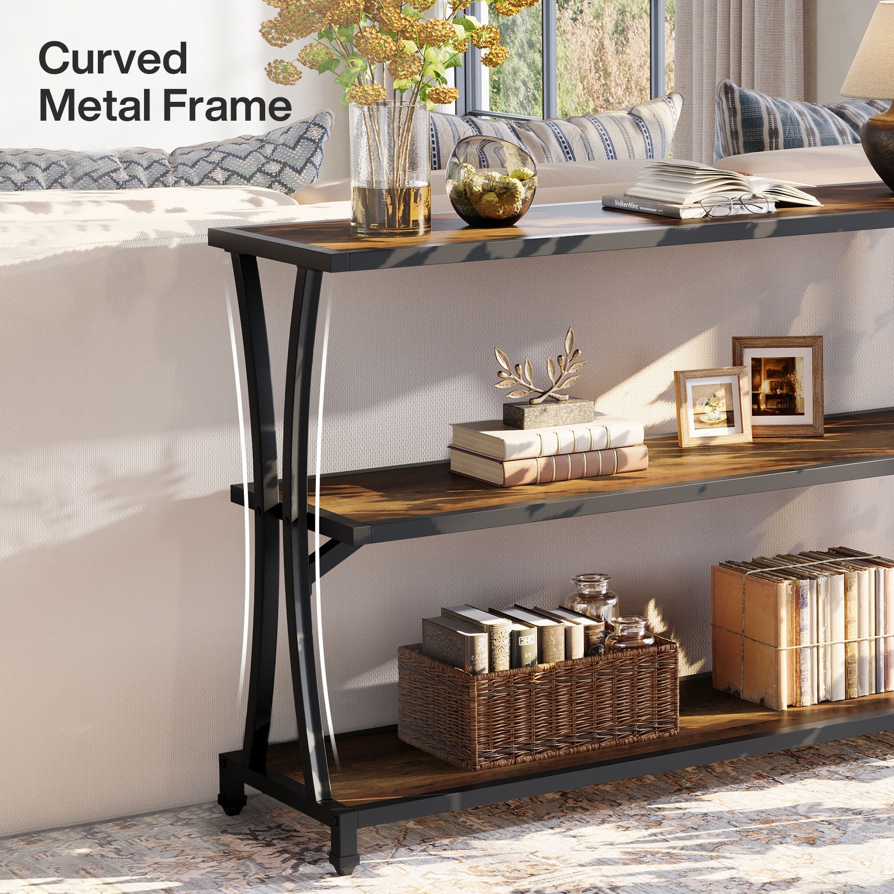 3-Tier Industrial Entryway Console Table, Narrow Sofa Table with Open Storage