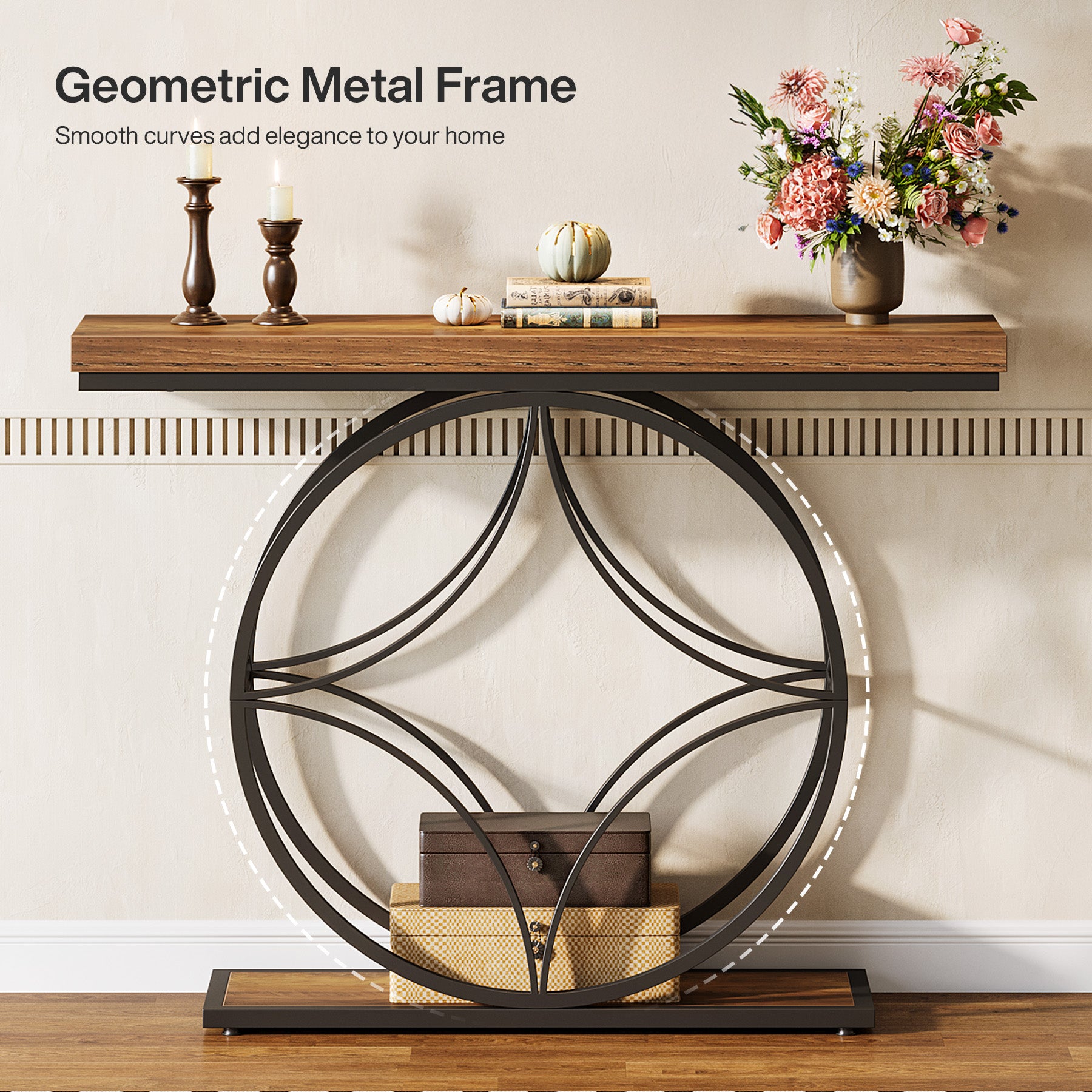 47" Console Table, Industrial 2-Tier Sofa Table with Geometric Metal Frame
