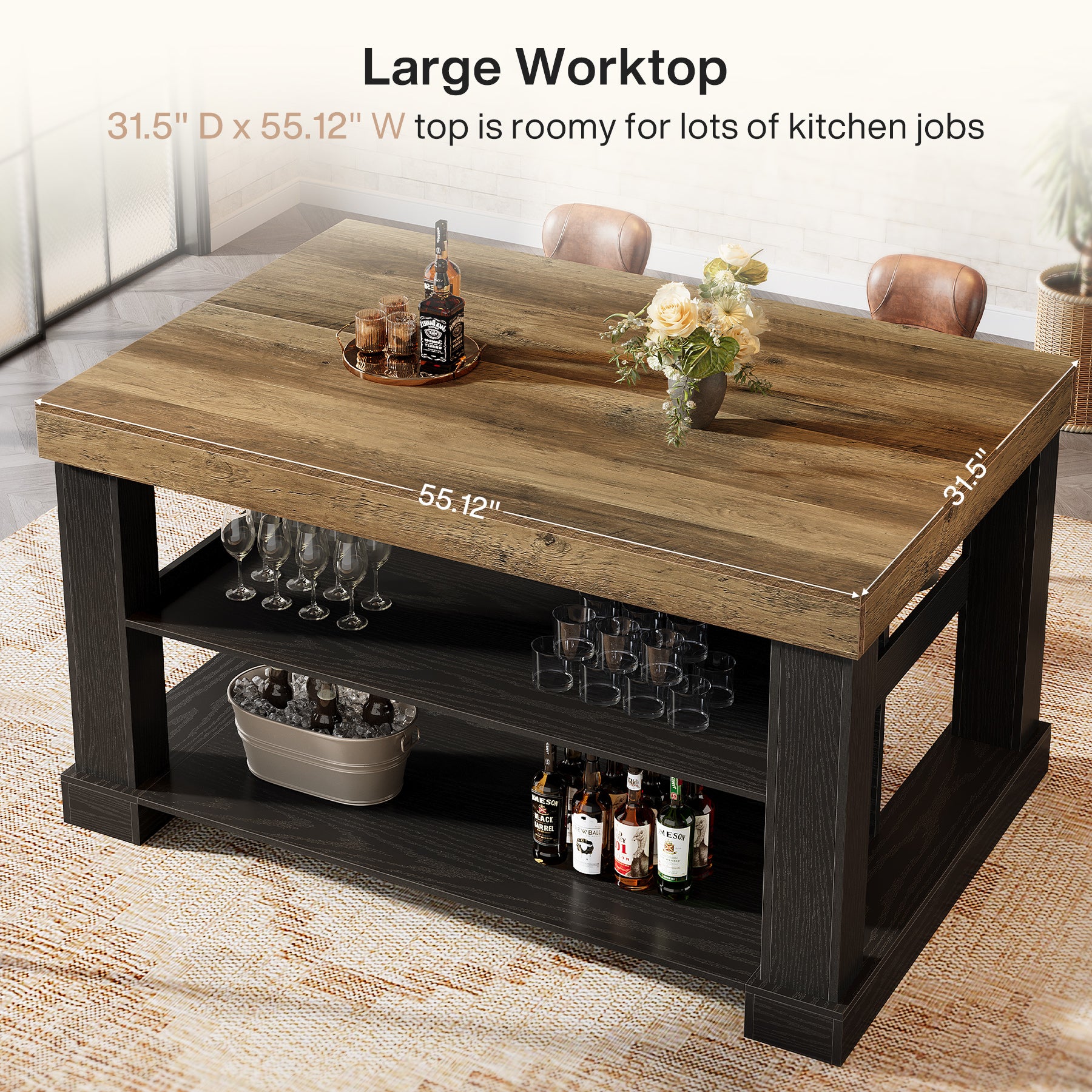 55" Counter Height Bar Table with Storage Shelves, Rectangular Kitchen Table for 6