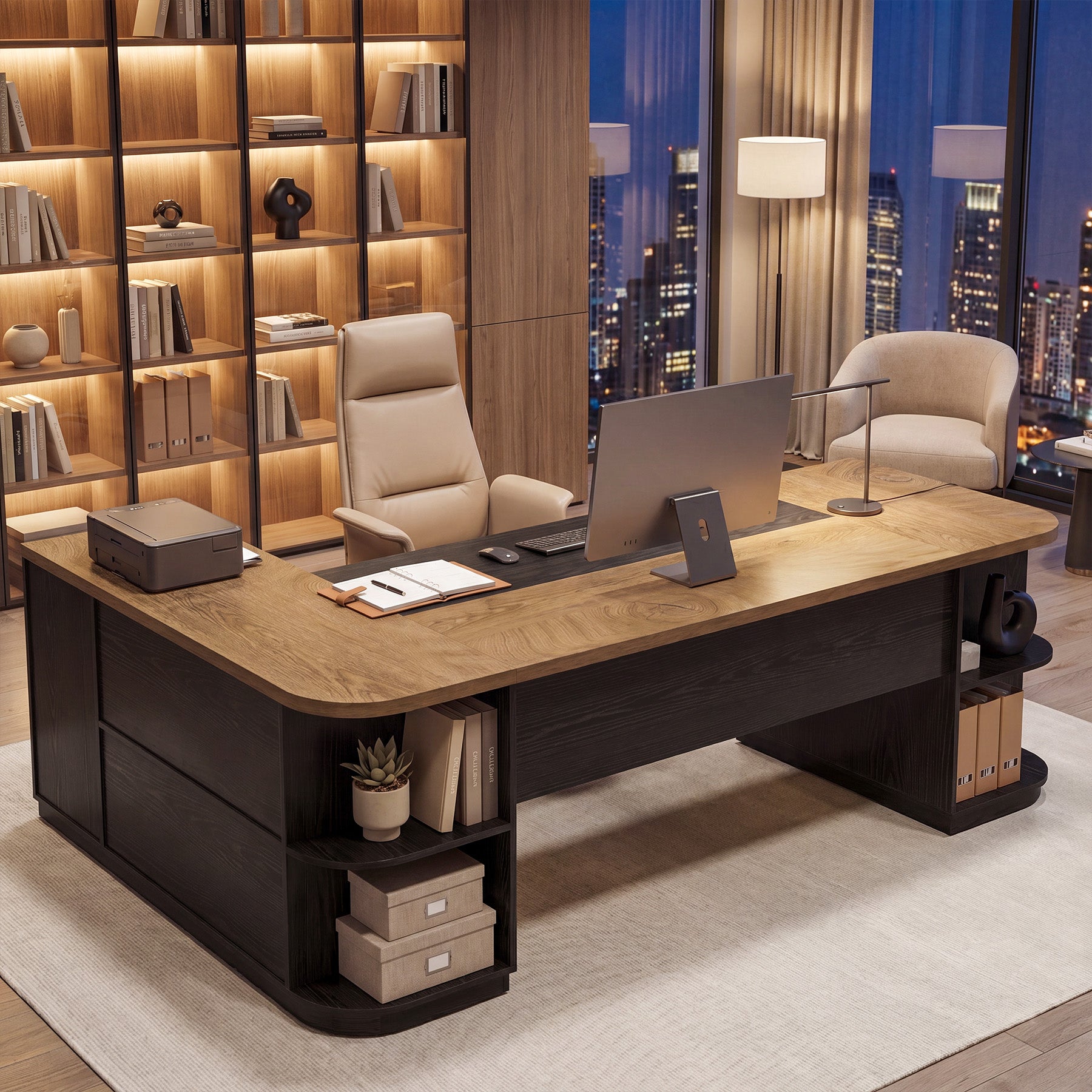 86.6" L-Shaped Executive Desk, Large Computer Desk with Drawers & 55" File Cabinet