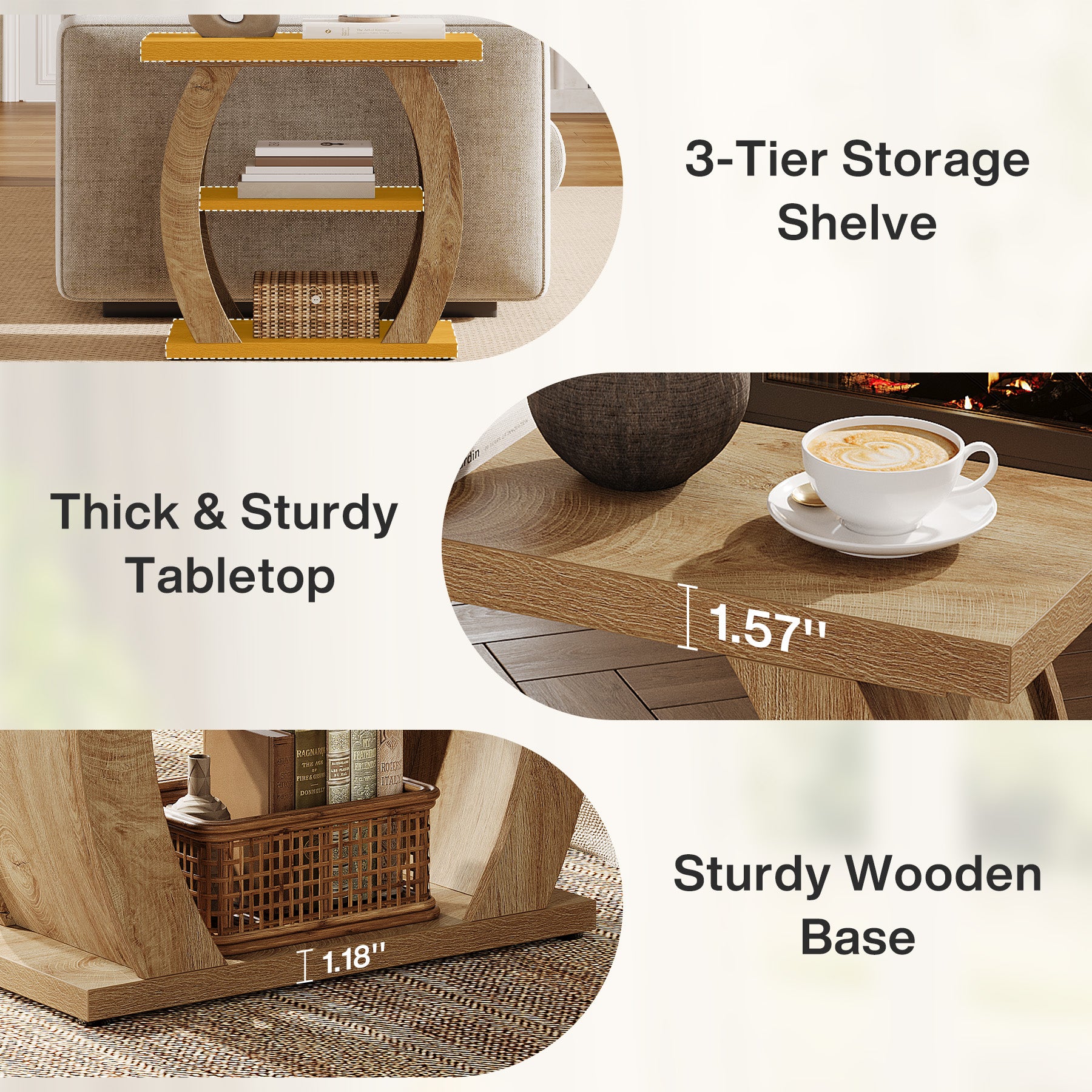 Narrow End Table, 2-Tier Farmhouse Side Table with Curved Frame