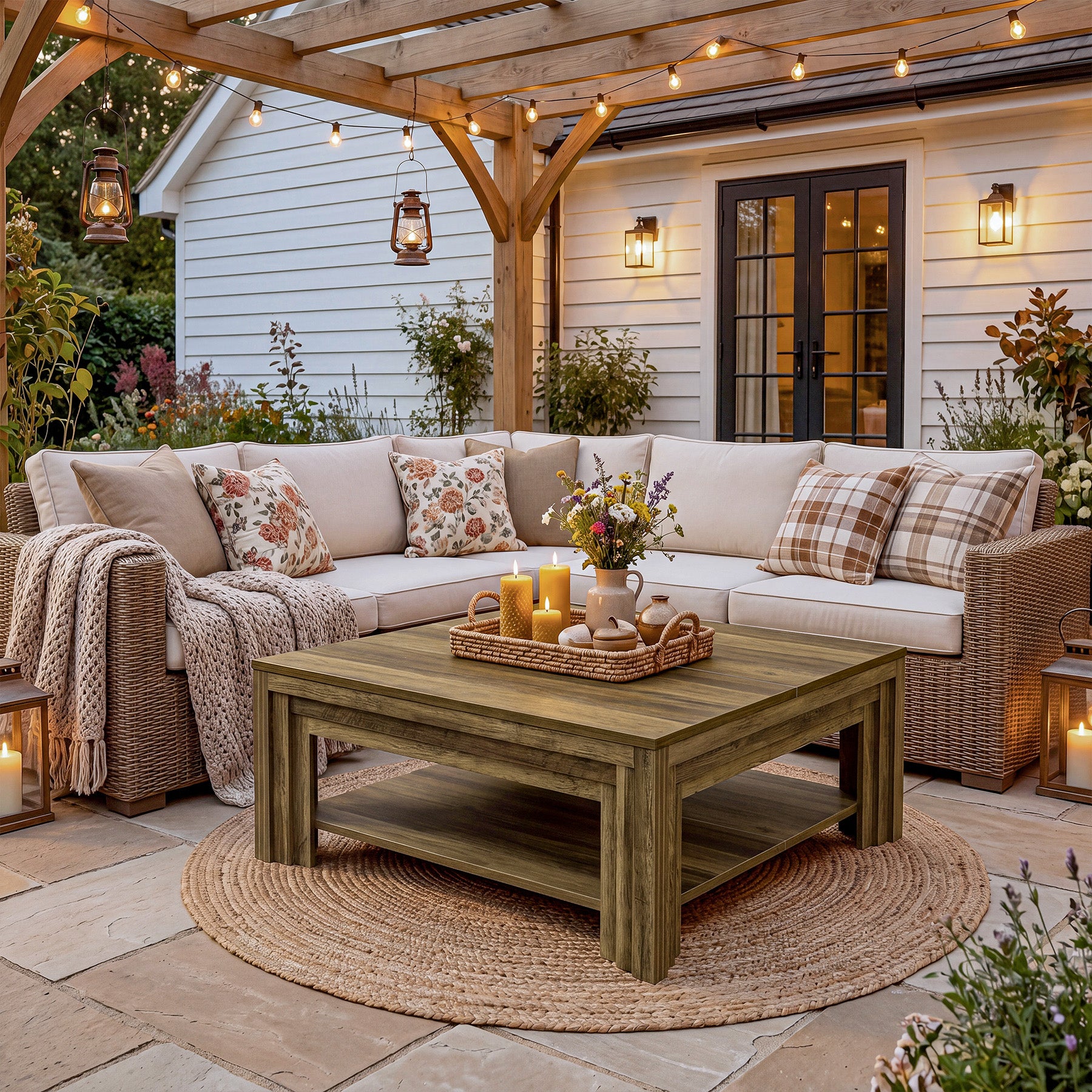 Farmhouse Square Coffee Table with Shelf