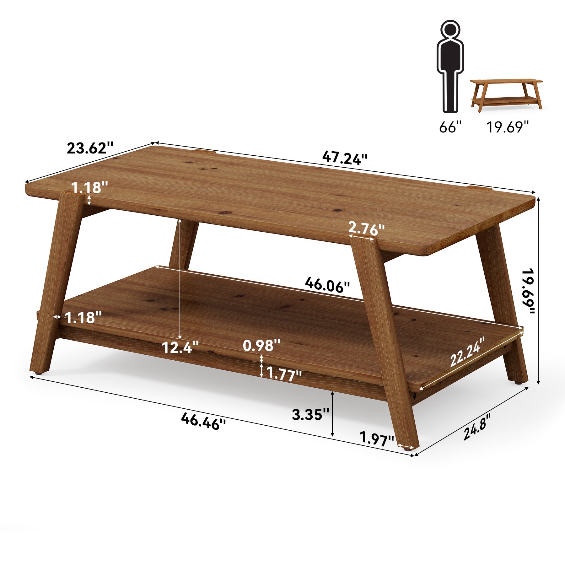 47" Farmhouse Coffee Table, 2-Tier Wood Rectangular Accent Center Cocktail Tea Table