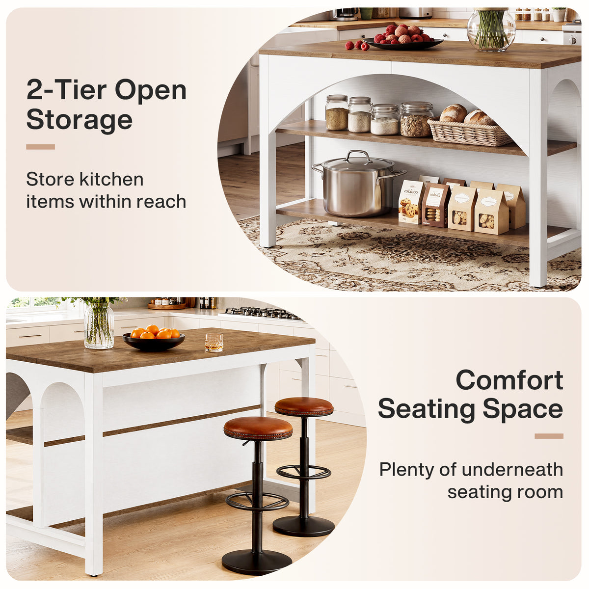 55" Kitchen Island with 2-Tier Shelves, Modern Stationary Island for Kitchen