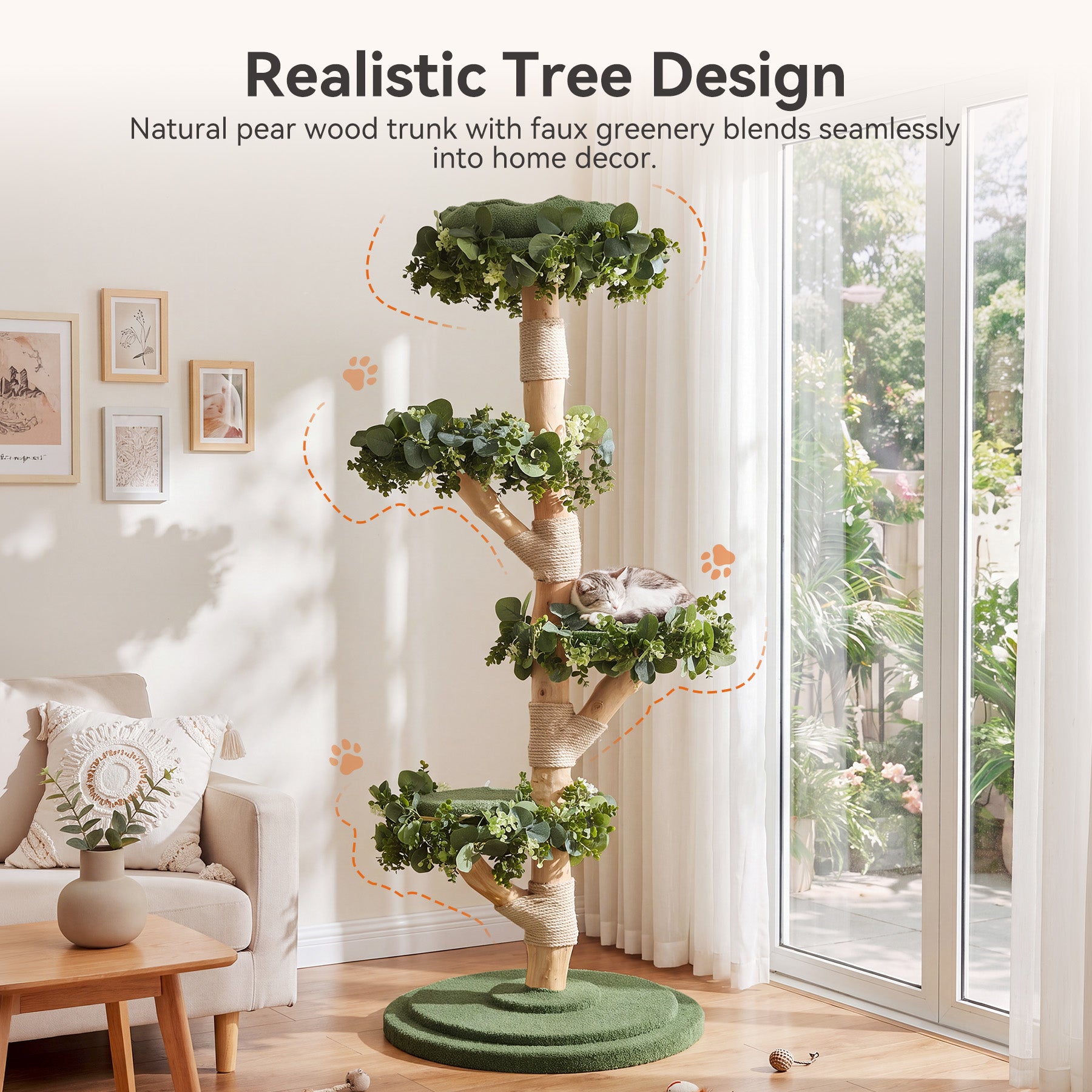 Solid Wood Cat Tree, 59.06" Tall Cat Tower with Sisal Scratching Posts, Washable & Removable Cushions