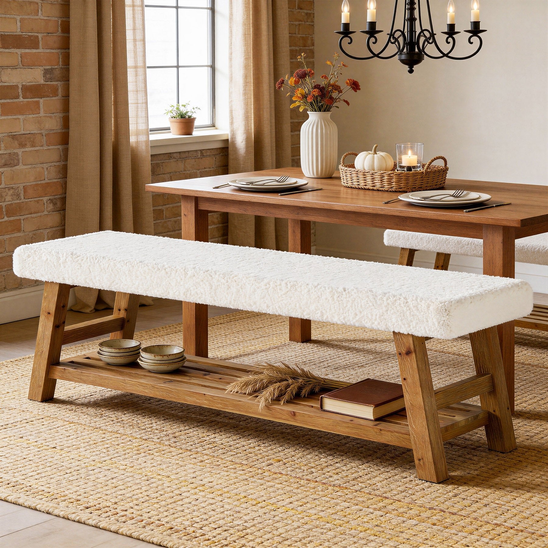 55" Upholstered Dining Bench, 2-Tier Solid Wood Kitchen Table Bench with Cushion